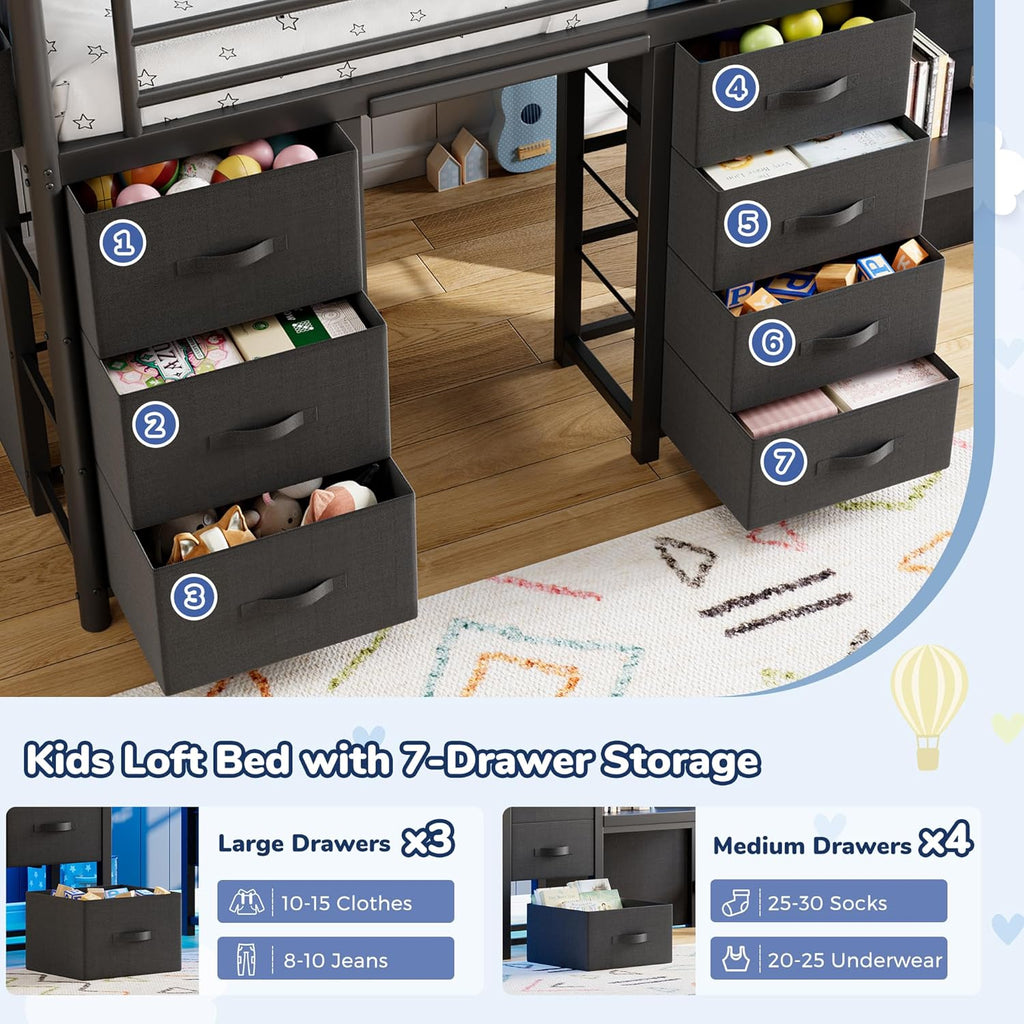 Low Loft Bed Twin Size with 7 Storage Drawers, Desk and LED Lights, Heavy Duty Metal Kids Loft Bed with 12' H Safety Guardrail, Anti-Collision Pad, Private Play Curtain, Under-Bed Play Space - Black