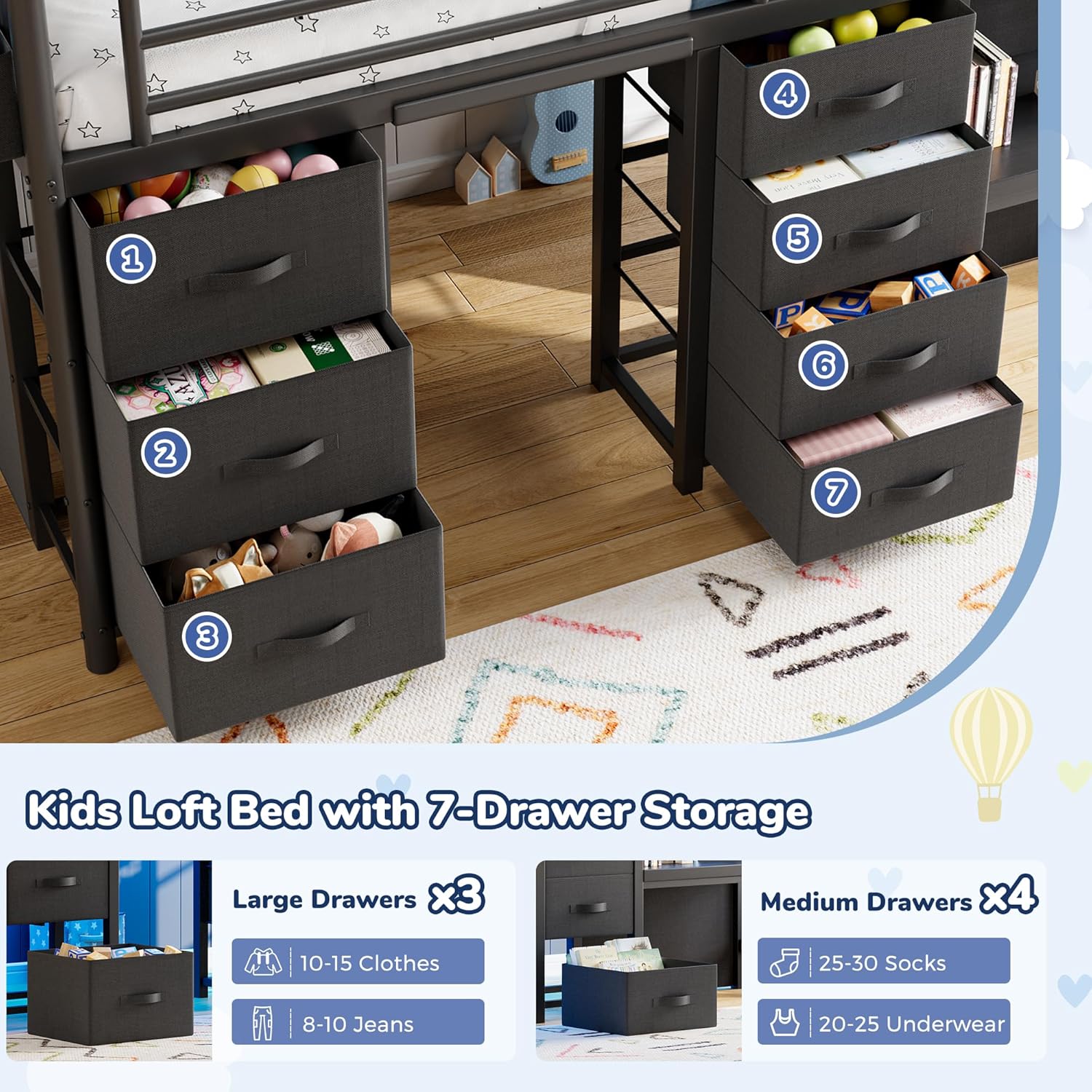 Low Loft Bed Twin Size with 7 Storage Drawers, Desk and LED Lights, Heavy Duty Metal Kids Loft Bed with 12' H Safety Guardrail, Anti-Collision Pad, Private Play Curtain, Under-Bed Play Space - Black