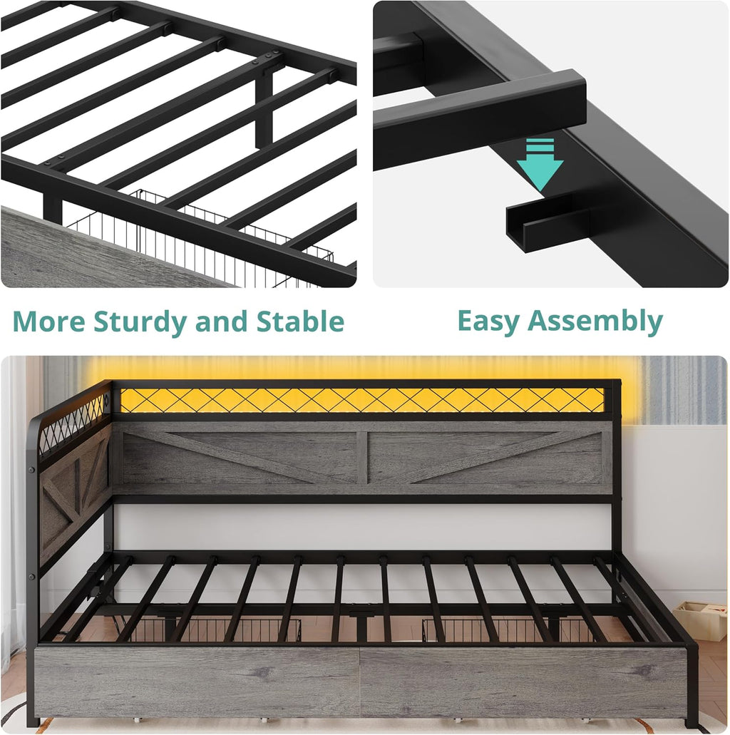 ANCTOR Full Corner Bed Frame with Storage Drawers, Daybed with LED Lights and Charging Station, No Box Spring Needed, Heavy Duty, Easy Assembly for Living Room, Bedroom and Guest Room, Grey | Heavy Duty Bed