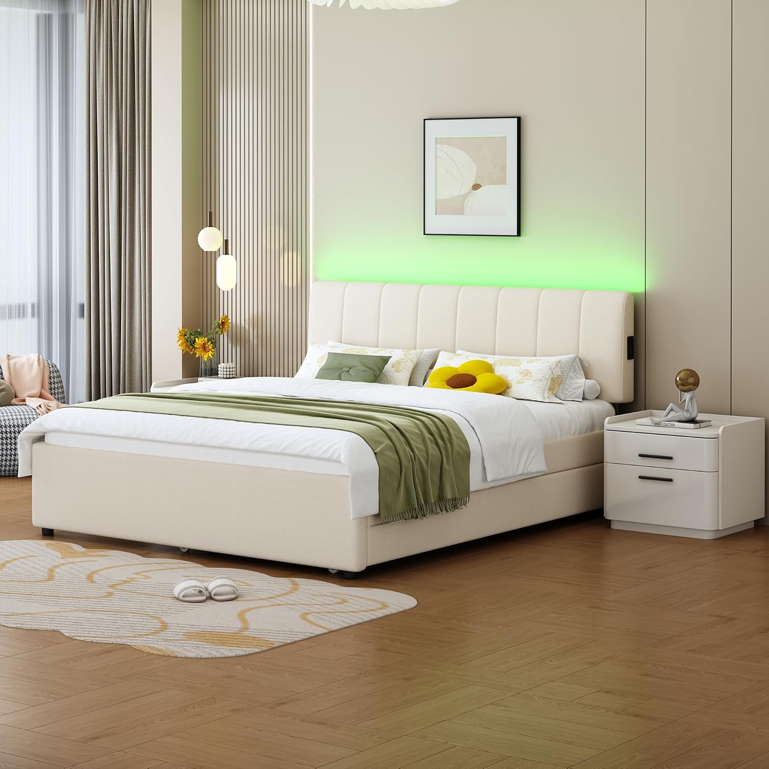 Queen Size Upholstered Platform Bed with Trundle and USB/Type-C Charging, Chenille Fabric Full and Twin Double Bed w/LED Lights with APP for Bedroom,Beige