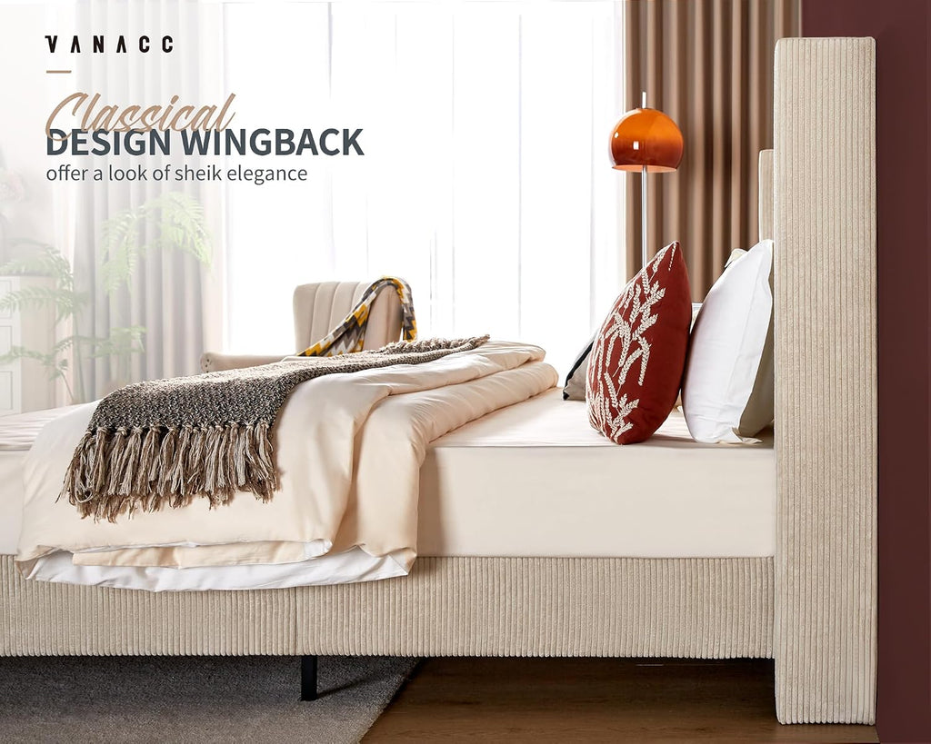 VanAcc King Size Platform Bed Frame, 50.8' Corduroy Upholstered Bed with Vertical Channel Tufted Headboard/Wooden Slats/Wingback/No Box Spring Required/Beige