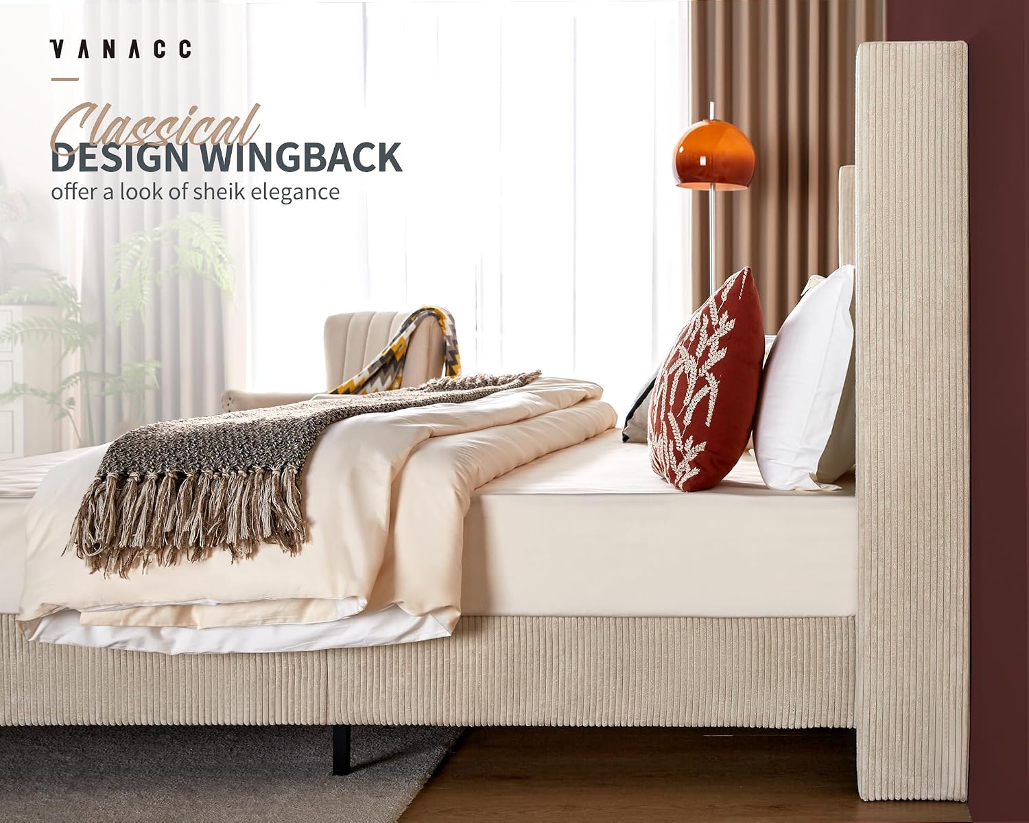 VanAcc King Size Platform Bed Frame, 50.8' Corduroy Upholstered Bed with Vertical Channel Tufted Headboard/Wooden Slats/Wingback/No Box Spring Required/Beige