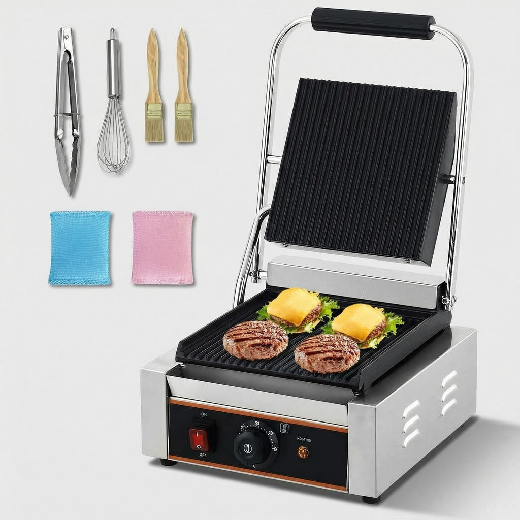 YS-811C 1800W Commercial Panini Press & Electric Grill, 9x9 Inch Sandwich Maker with 6-Temp Control, 110V Indoor Grill for Burgers, Panini, Breakfast, Silver