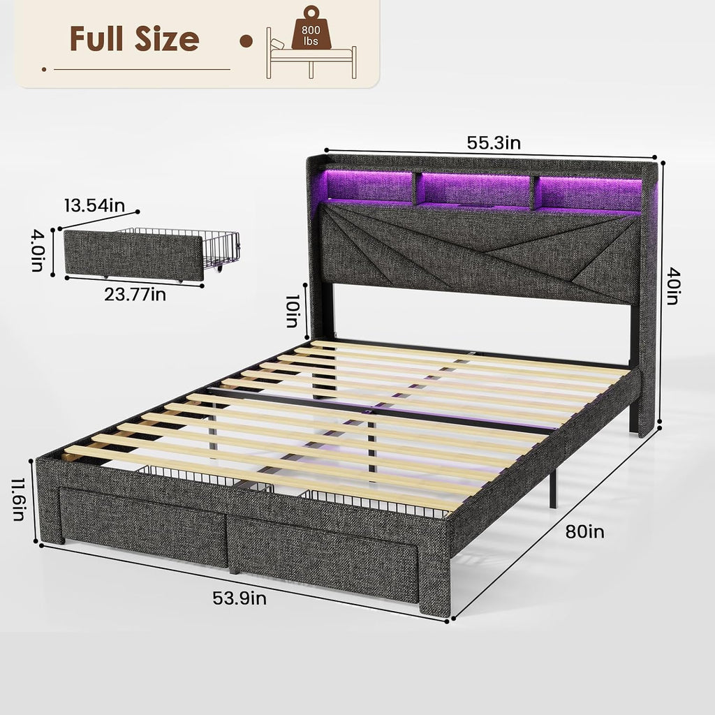 Driftalia LED Full Size Bed Frame with 2 Storage Drawers, Upholstered Full Bed Frame with Headboard and Charging Station, No Box Spring Needed, Easy to Assembly-Dark Grey