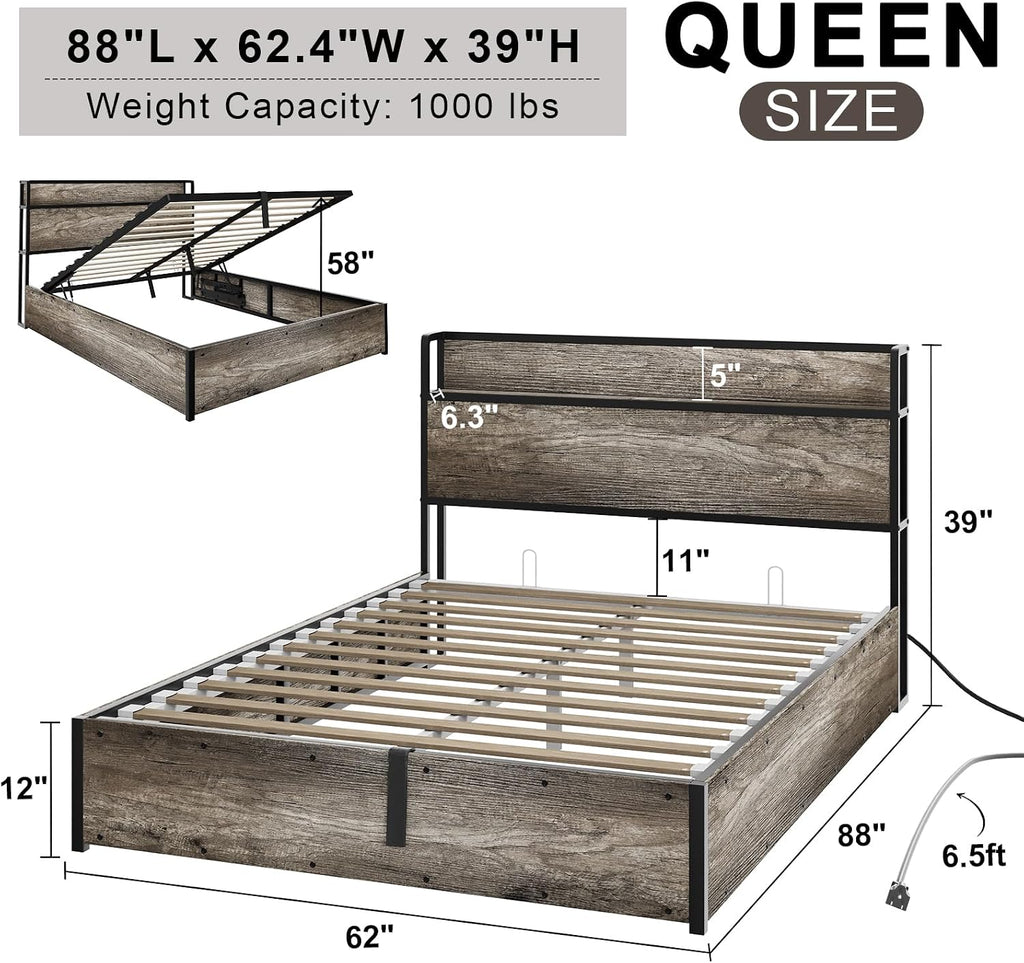 AMERLIFE Queen Size Lift Up Storage Bed Frame, Wooden Platform Bed Frame with Lifting Storage & Charging Station, No Spring Box Needed/Noise Free, Rustic Grey