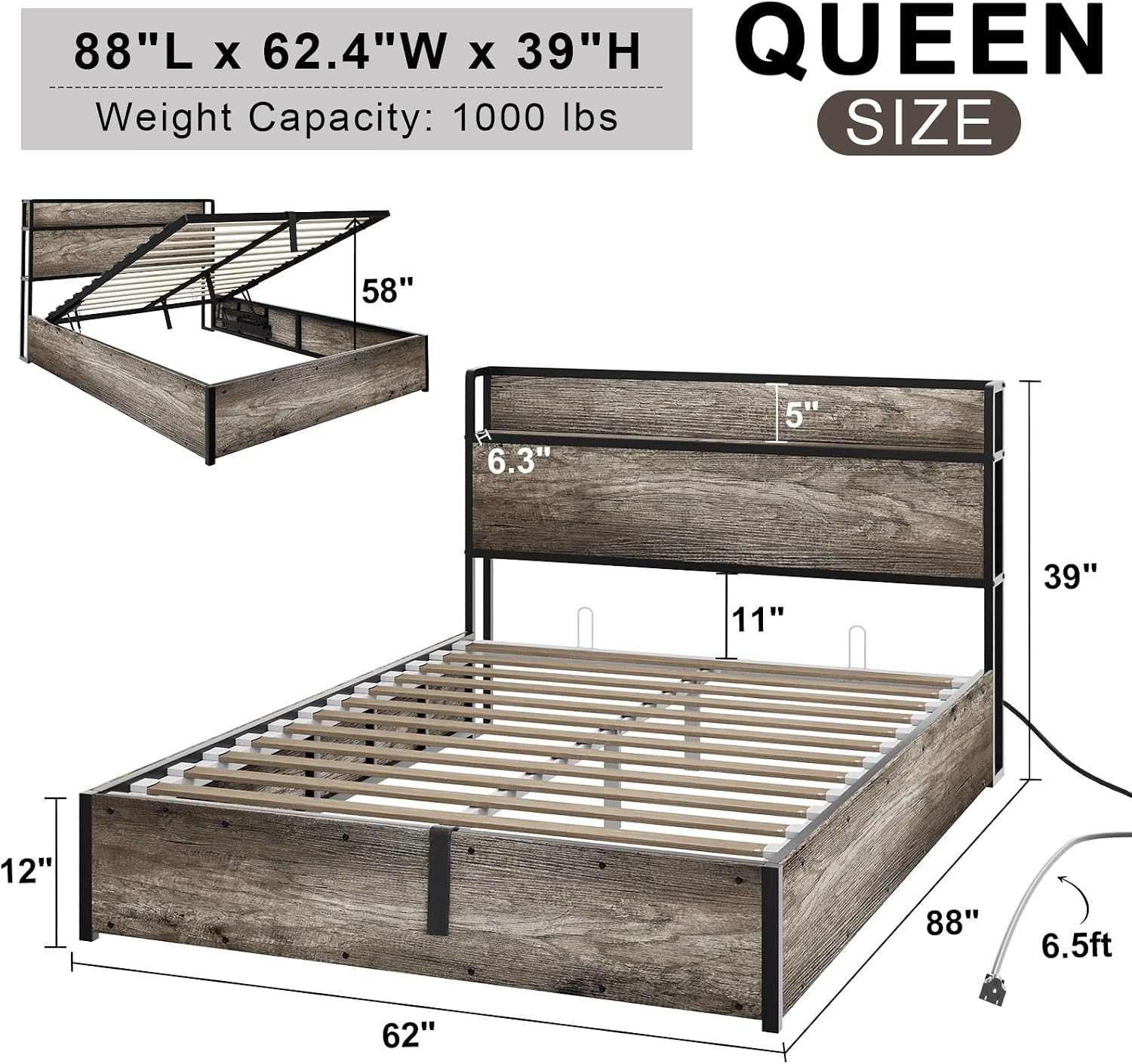 AMERLIFE Queen Size Lift Up Storage Bed Frame, Wooden Platform Bed Frame with Lifting Storage & Charging Station, No Spring Box Needed/Noise Free, Rustic Grey