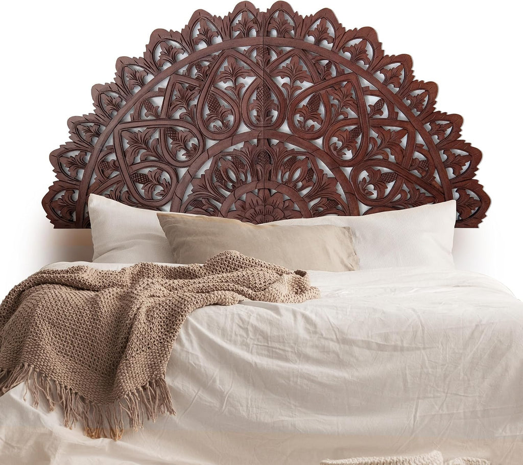 King Bed Headboard 72x36 in, Mahkota Brown Hand Carved Panels, Made in Bali Indonesia, Wall Mount or Behind Bed, 2 Panel Set