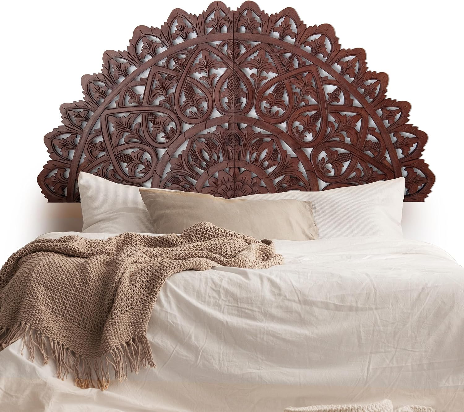 King Bed Headboard 72x36 in, Mahkota Brown Hand Carved Panels, Made in Bali Indonesia, Wall Mount or Behind Bed, 2 Panel Set