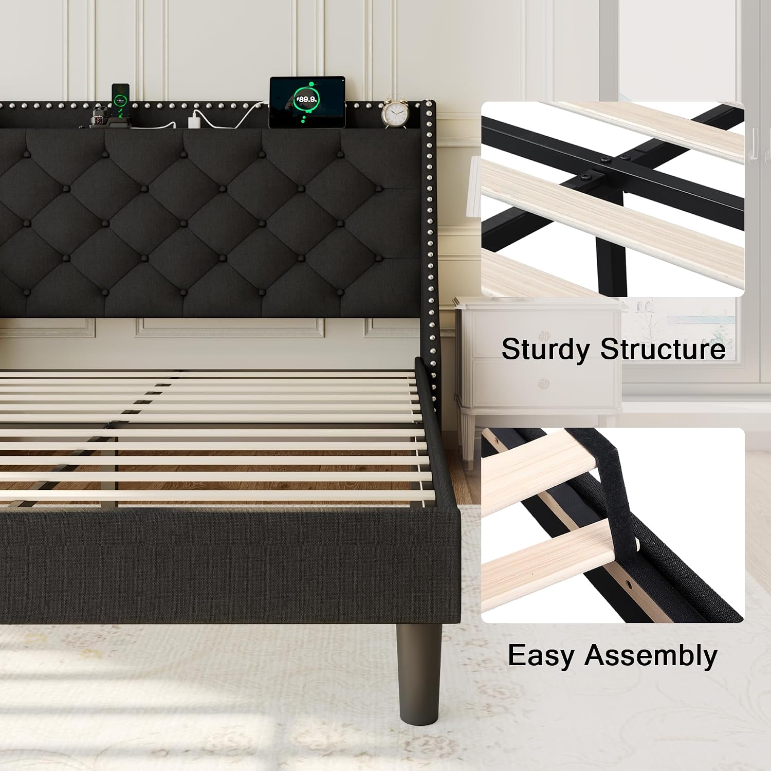 Einhomn Full Size Bed Frame with Wingback Button Tufted Storage Headboard and Type AC Ports, Upholstered Platform Bed, Wooden Slats Support, No Box Spring Needed, Noise-Free, Black