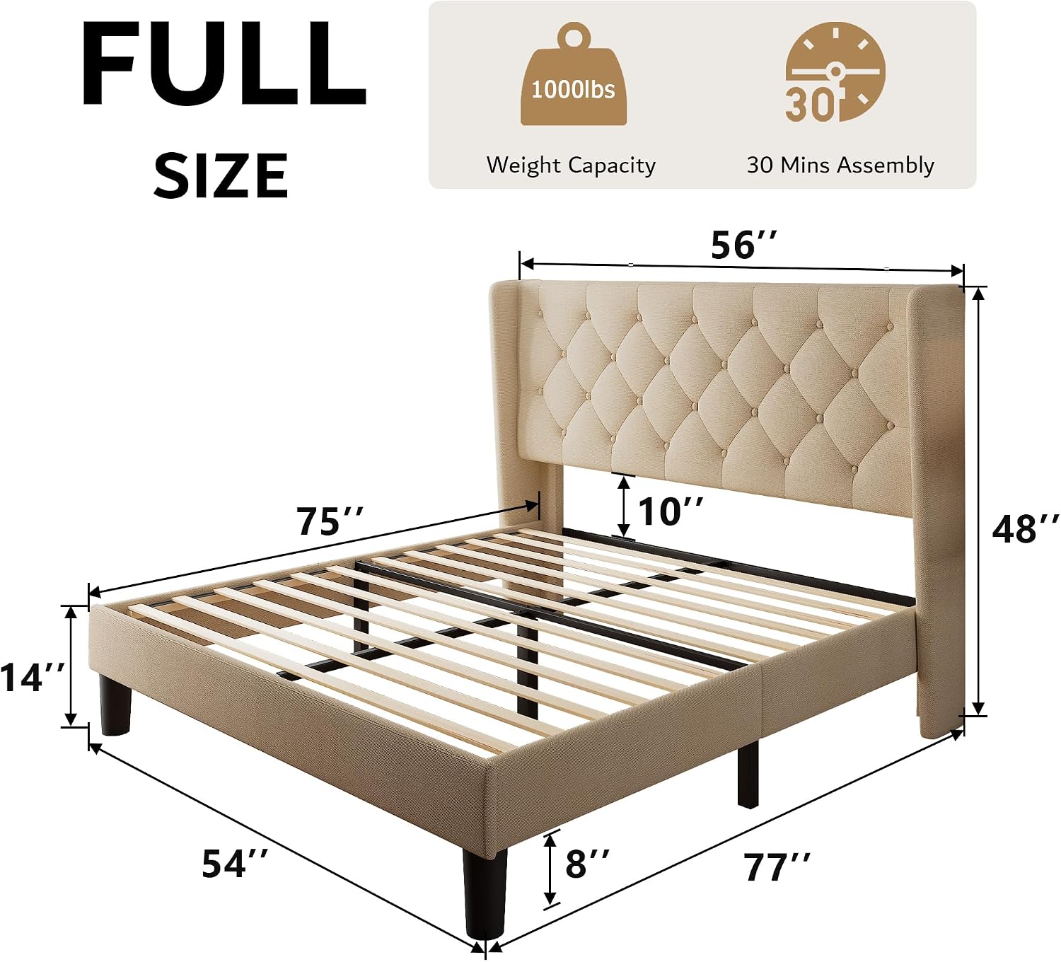iPormis Full Size Platform Bed Frame with Button Tufted Headboard, Upholstered Bed Frame with Solid Wooden Slats, 8' Underbed Space, No Box Spring Needed, Noise Free, Easy Assembly, Beige