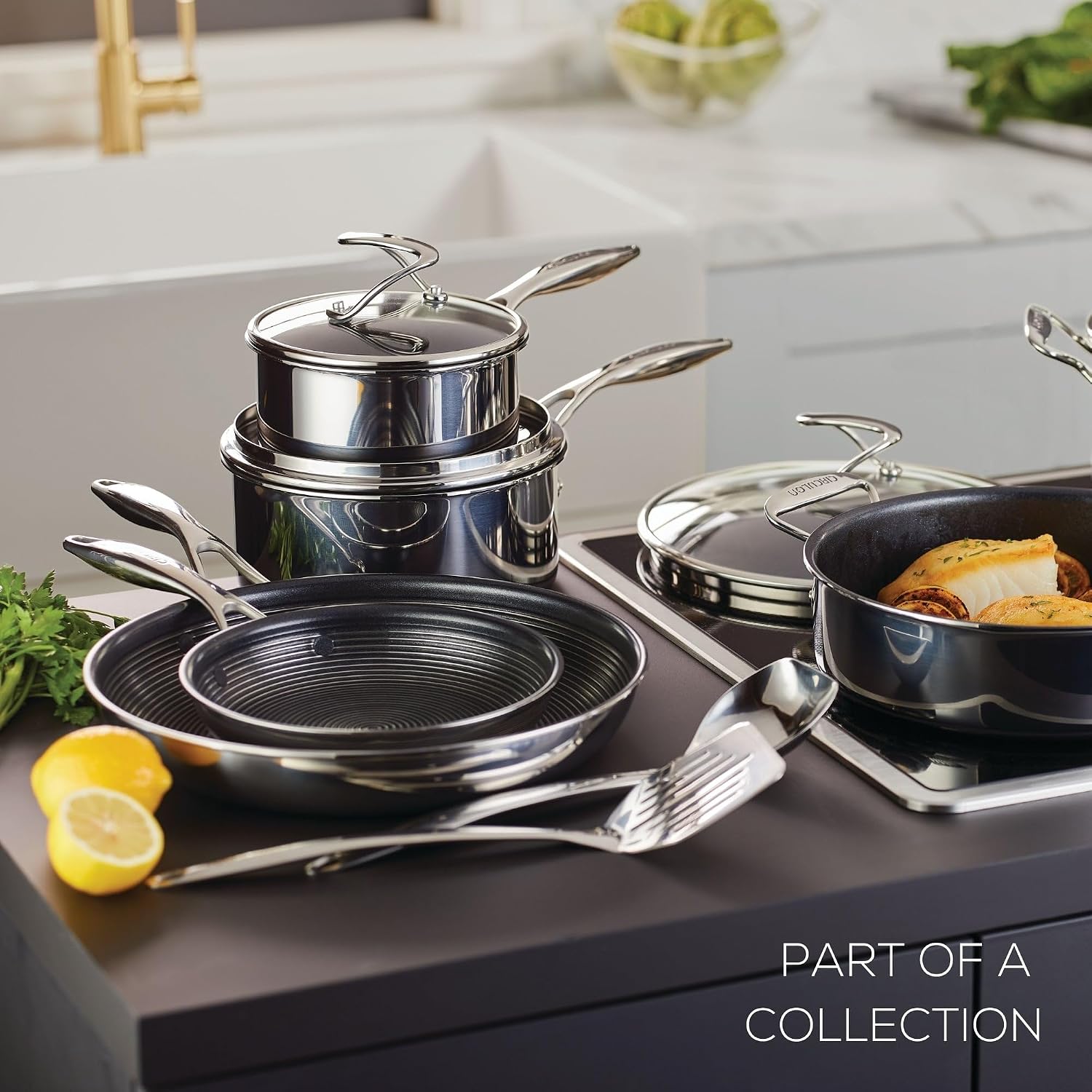 Circulon Clad Stainless Steel Cookware Pots and Pans and Utensil Set with Hybrid SteelShield and Nonstick Technology, 12 Piece - Silver