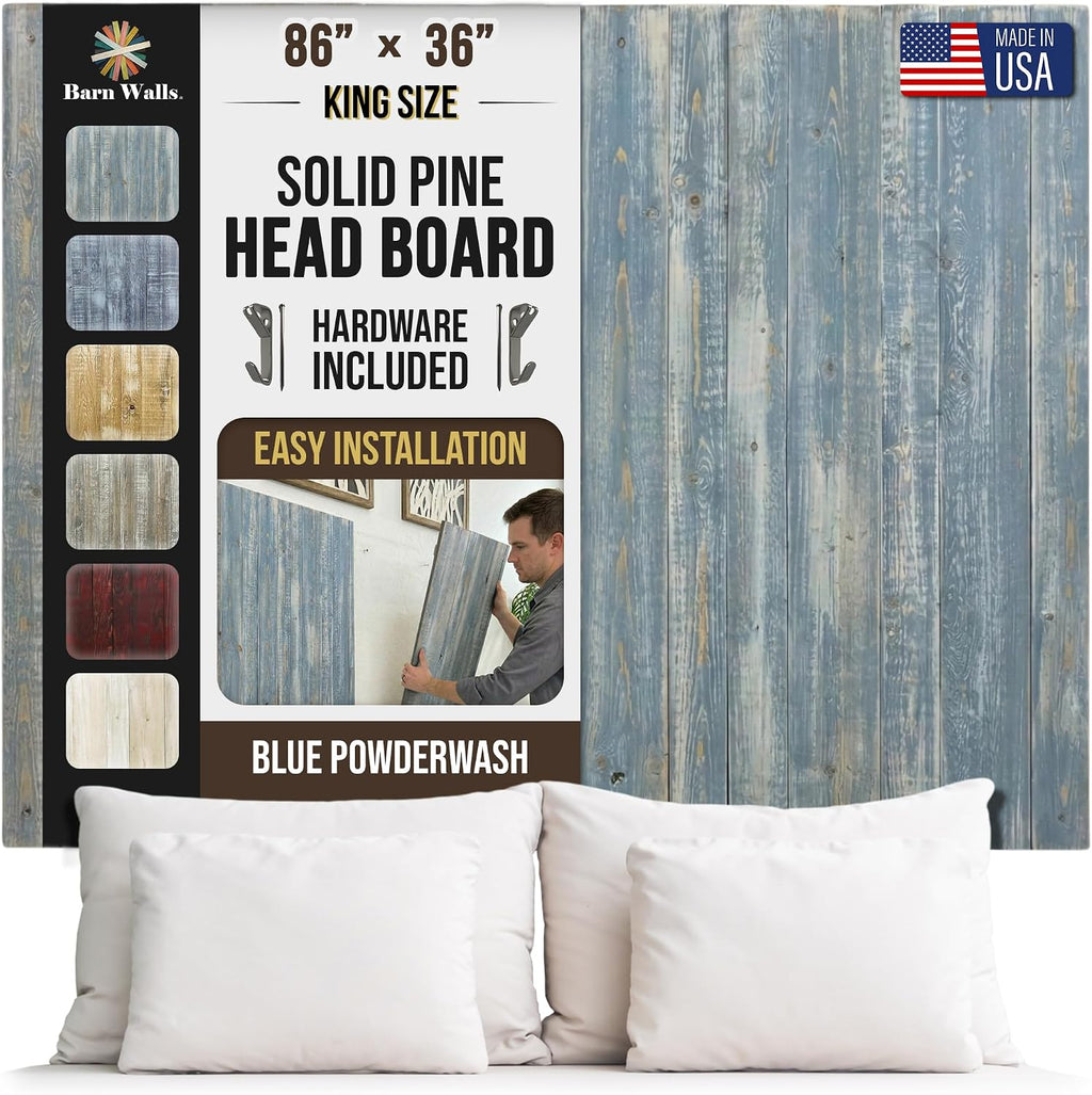 Barn Walls Solid Wood Headboard King Size, Blue Powderwash Finish with Smooth Natural Wood Grain, Handcrafted Wall-Mounted Panel Head Board, Adjustable Height, Modern Farmhouse Bedroom, Built to Last