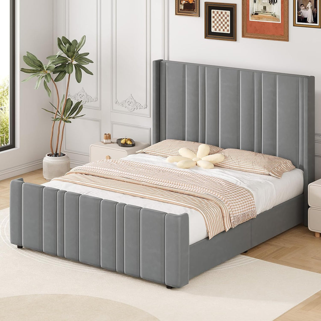 HOMBCK Full Size Bed Frame, Velvet Upholstered Platform Bed Frame Full with Vertical Channel Tufted Headboard & Footboard, Wooden Slats/Noise Free/No Box Spring Needed/Easy Assembly, Grey