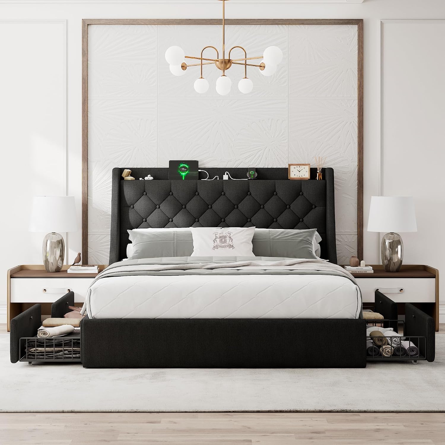 Einhomn Upholstered Full Size Bed Frame with 4 Storage Drawers, Platform Bed with Large Wingback Headboard, Charging Station, No Box Spring Needed, Easy Assembly, Black