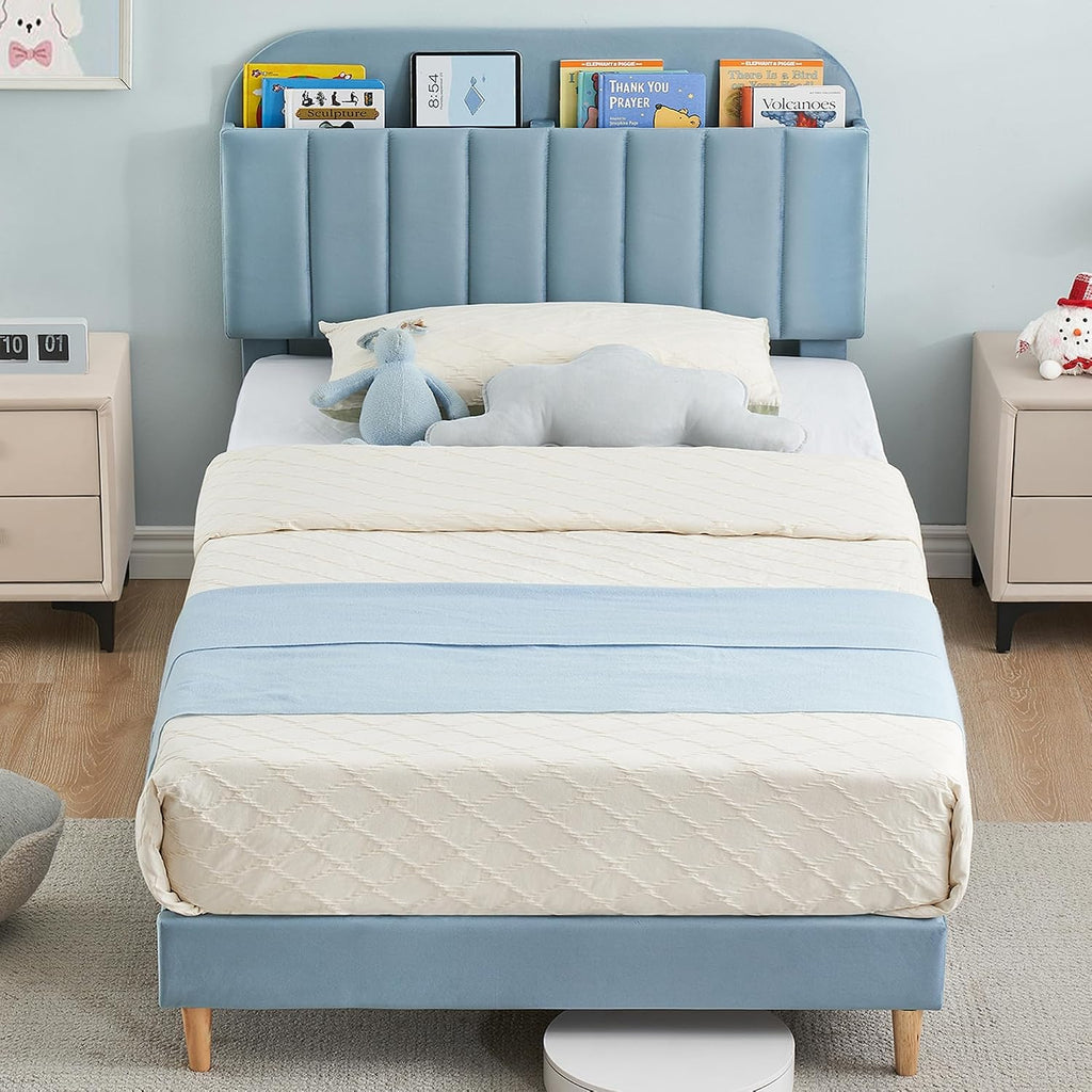 IDEALHOUSE Twin XL Bed Frames, Upholstered Platform Bed Frame with Bookcase Headboard, Velvet Platform Bed Mattress Foundation, Heavy Duty Steel Support Legs, Easy Assembly, Noise Free, Blue