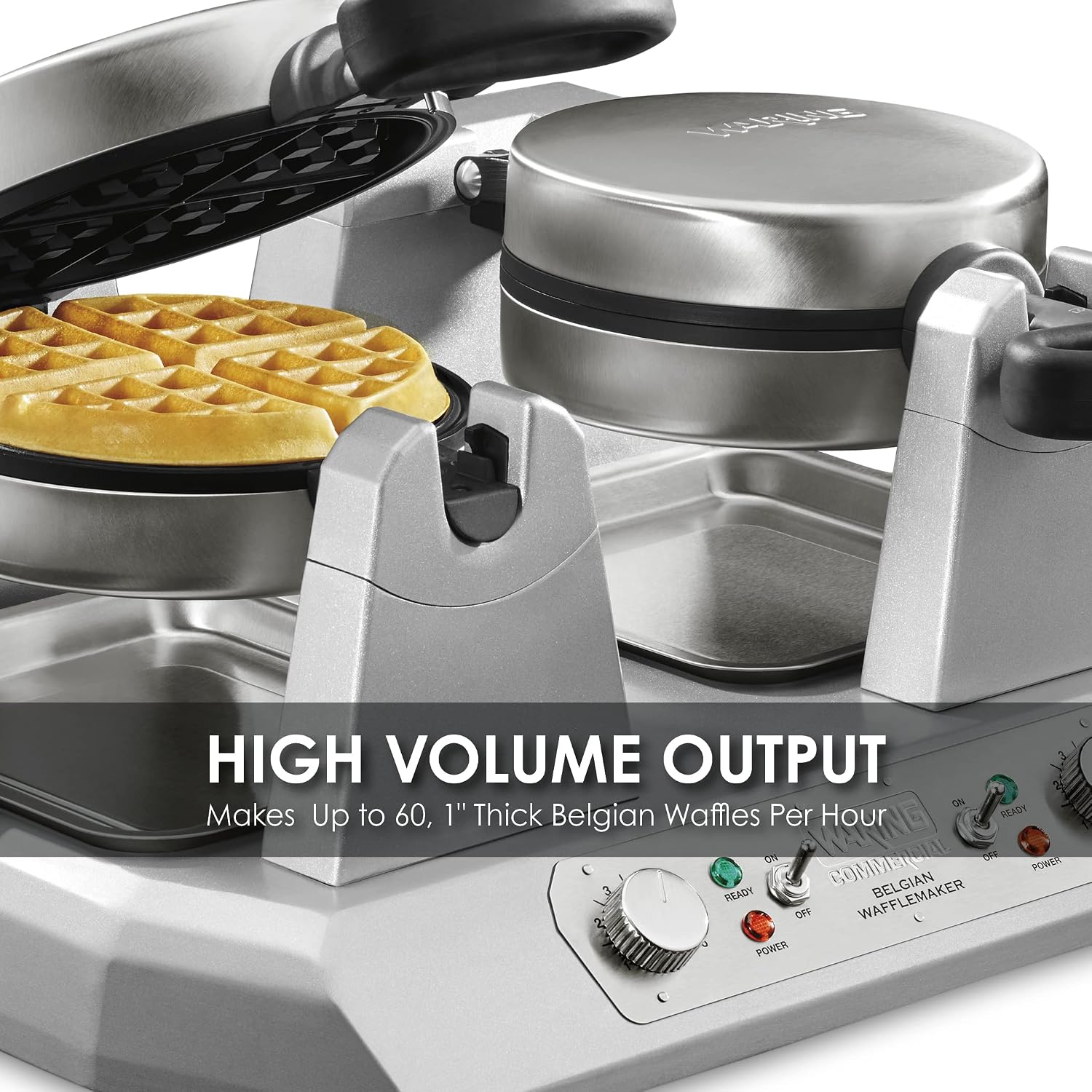 Waring Commercial Double Belgian Waffle Maker with Serviceable Plates, Duel Side by Side Rotating Cooking Non-Stick Surfaces, Heavy Duty Restaurant Foodservice, 50-60 Waffles an Hour, 208V, 2700W
