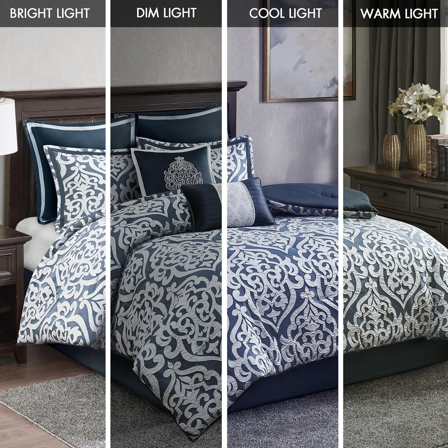 Madison Park Odette Cozy Comforter Set Jacquard Damask Medallion Design - Modern All Season, Down Alternative Bedding, Shams, Decorative Pillows, King(104 in x 92 in), Navy 8 Piece