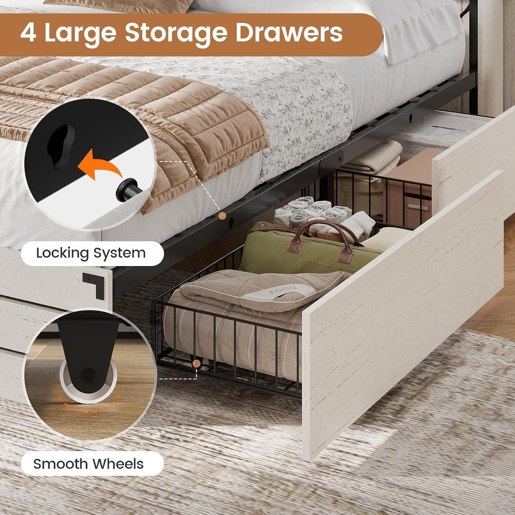 VIAGDO Wooden Bed Frame Full Size with Bookcase Headboard and Sliding Barn Door, Farmhouse Bed Frame Full Size with Charging Station, LED Lights and 4 Storage Drawers, No Box Spring Needed, White