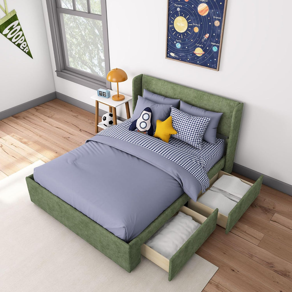 Max & Lily Upholstered Full Bed Frame with Rectangular Headboard and Two Storage Drawers, Upholstered Platform Bed for Kids, No Box Spring Needed, Easy Assembly, Green