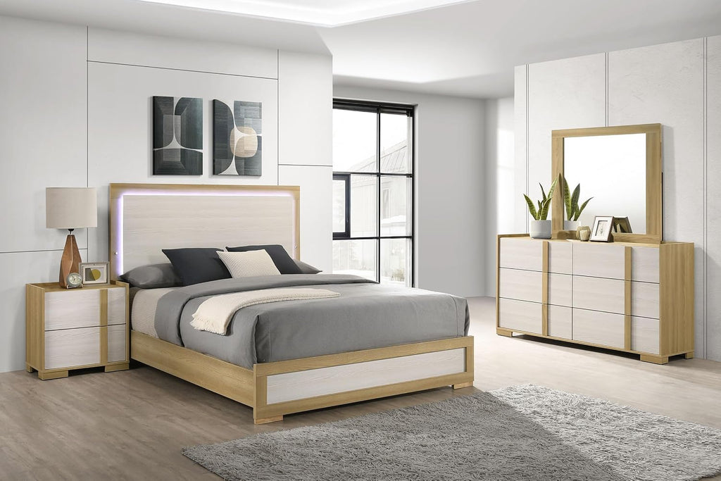 Coaster Home Furnishings Hyland Coastal 4-Piece Bedroom Set Upholstered Eastern King Size LED Panel Bed Frame 52-inch Headboard Natural 215651KE-S4