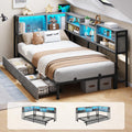 DICTAC Corner Twin Bed Frame with Bookcase Storage Headboard and Led Lights,Twin Size Metal Platform Corner Bed Frames with 2 Drawers and Charging Station,Twin Daybed for Kids and Teens,Oak Gray