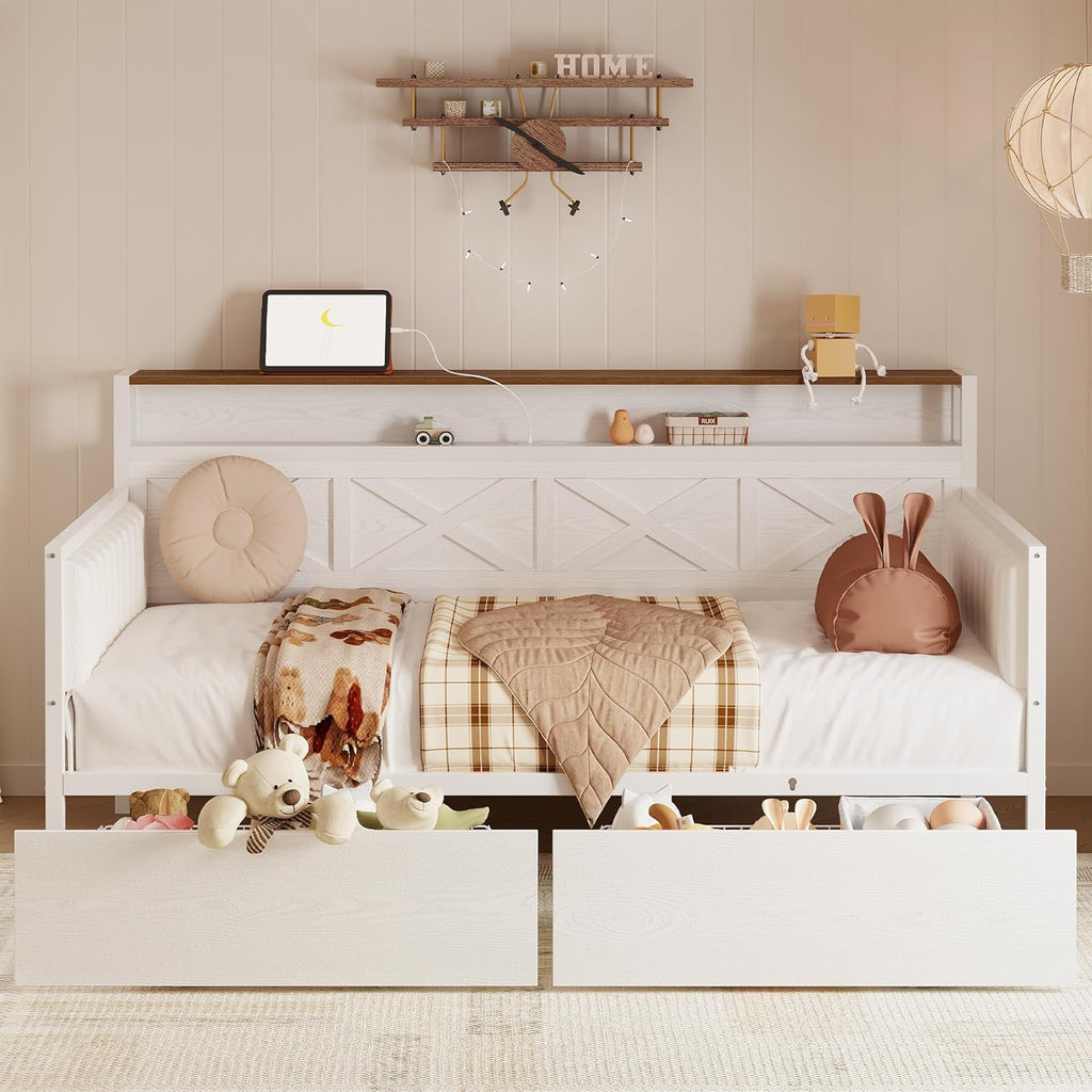 IRONCK Twin Size Daybed with Storage Drawers, Sturdy Metal Bed Frame with X-Shaped Headboard and Charging Station, Upholstered Farmhouse Daybed for Living Room, Bedroom, and Guest Room, White/Walnut