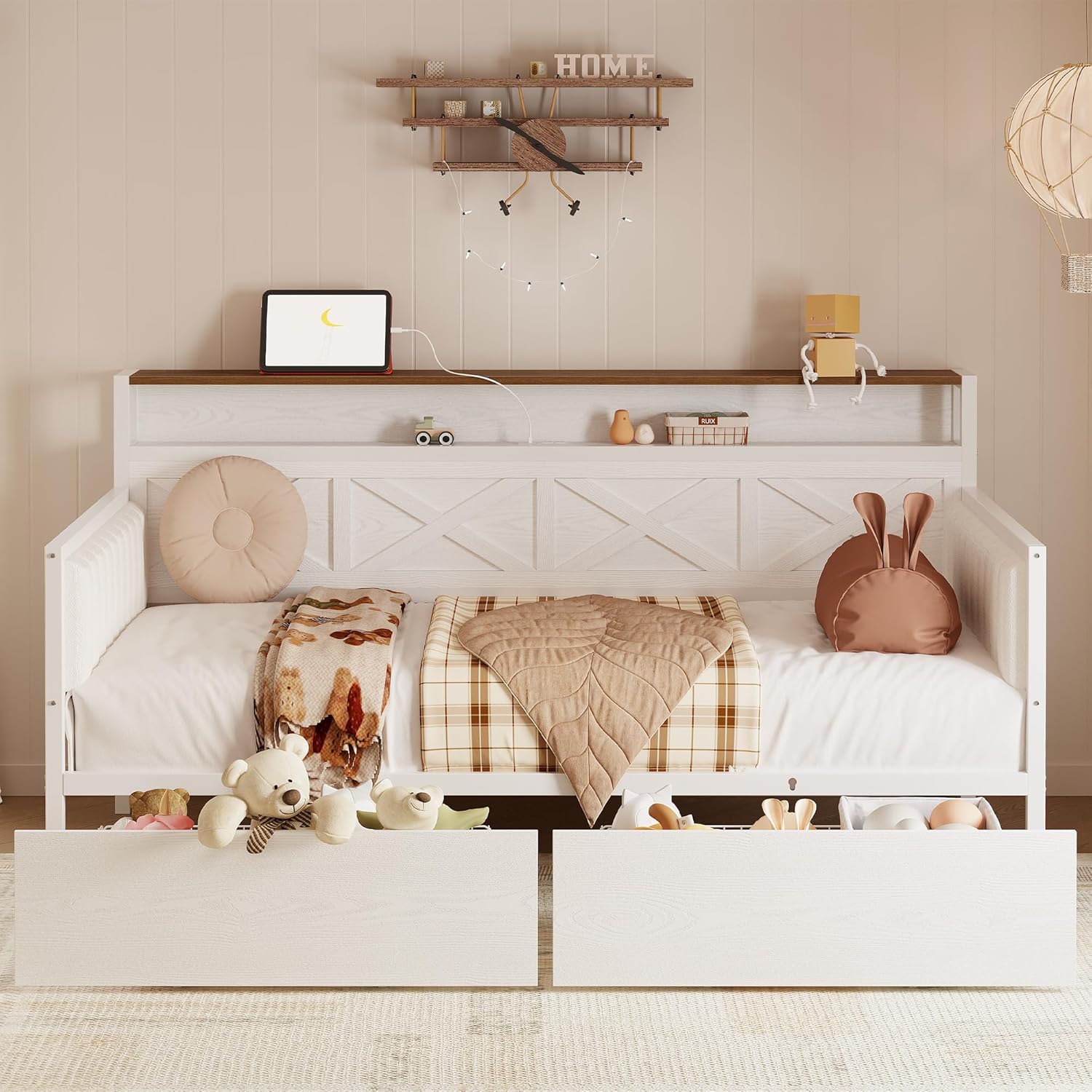 IRONCK Twin Size Daybed with Storage Drawers, Sturdy Metal Bed Frame with X-Shaped Headboard and Charging Station, Upholstered Farmhouse Daybed for Living Room, Bedroom, and Guest Room, White/Walnut