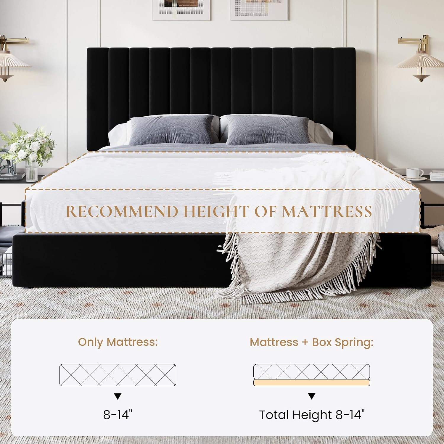 SHA CERLIN King Size Platform Bed Frame with 4 Storage Drawers, Vertical Channel Tufted Adjustable Headboard, Velvet Upholstered, Wooden Slats Support, No Box Spring Needed, Easy Assembly, Black