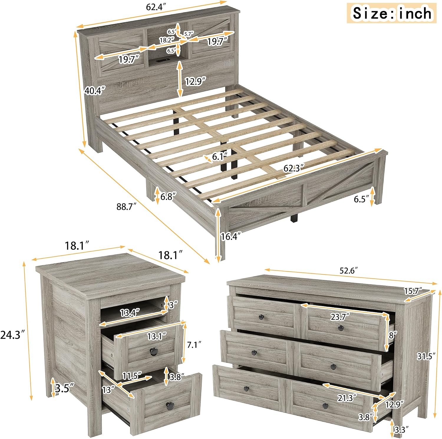 SOFTSEA 3 Piece Farmhouse Bedroom Set, Queen Size Platform Bed with Storage Headboard and Charging Station, Storage Dresser and Nightstand, Wood Bed Frame Set, Antique Gray