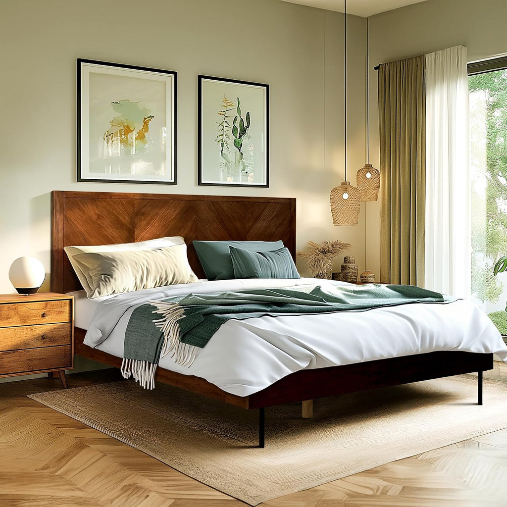 Acacia Alander Bed Frame with Headboard Bed Frame Queen Size Solid Wood Platform Bed, Scandinavian Signature High Headboard Wood Bed Compatible with All Mattress Types, 30 Mins Assembly, Walnut