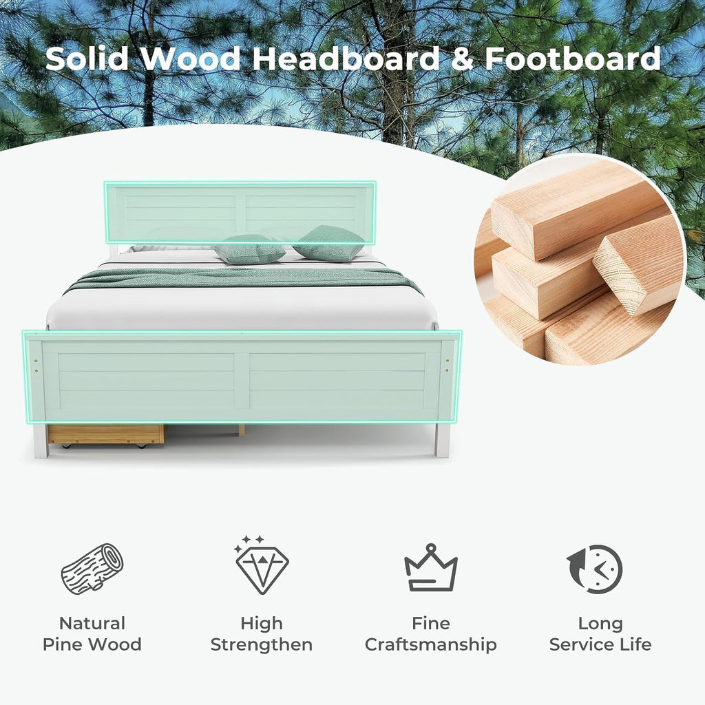 Giantex Wood Full Size Bed Frame with 2 Storage Drawers, Solid Wood Platform Bed with Headboard, Wooden Slats Mattress Foundation, No Spring Needed, Full Bed Frame for Kids, Teens, Adults, White