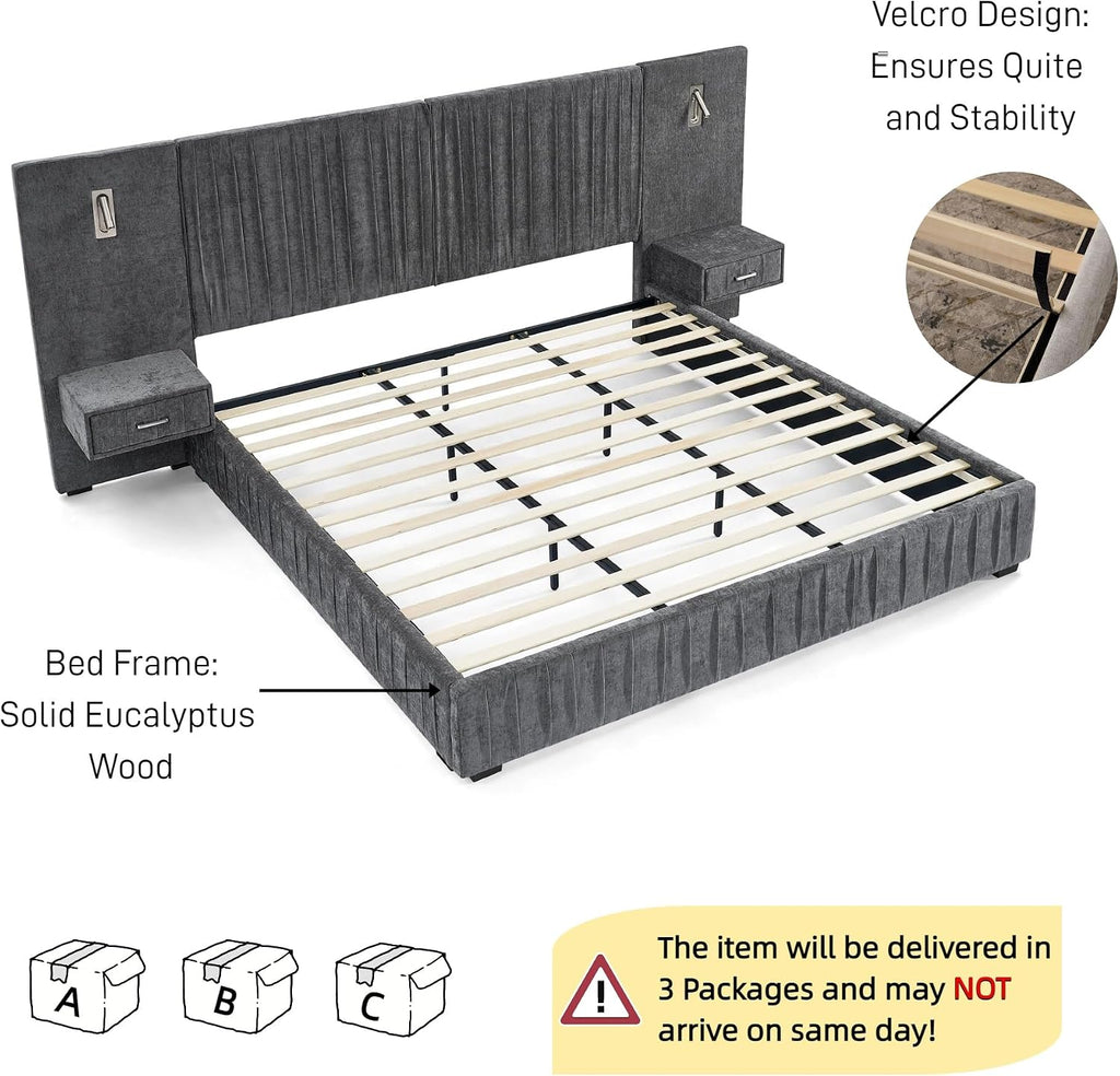 Upholstered King Size Bed Frame with Built-in Nightstands & Adjustable Lamps, No Box Spring Needed Platform Bed with Chenille Pleated Headboard, Sturdy Grounded Bedroom Set for Space-Saving