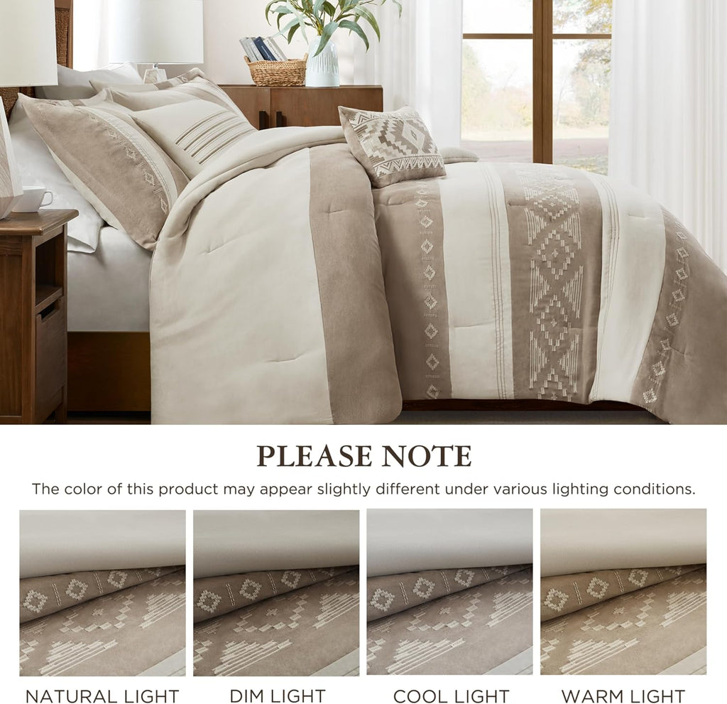 Woolrich Queen Comforter Set – Sutherland 5-Piece Microsuede Embroidered Bedding Set with Decorative Pillows, Taupe