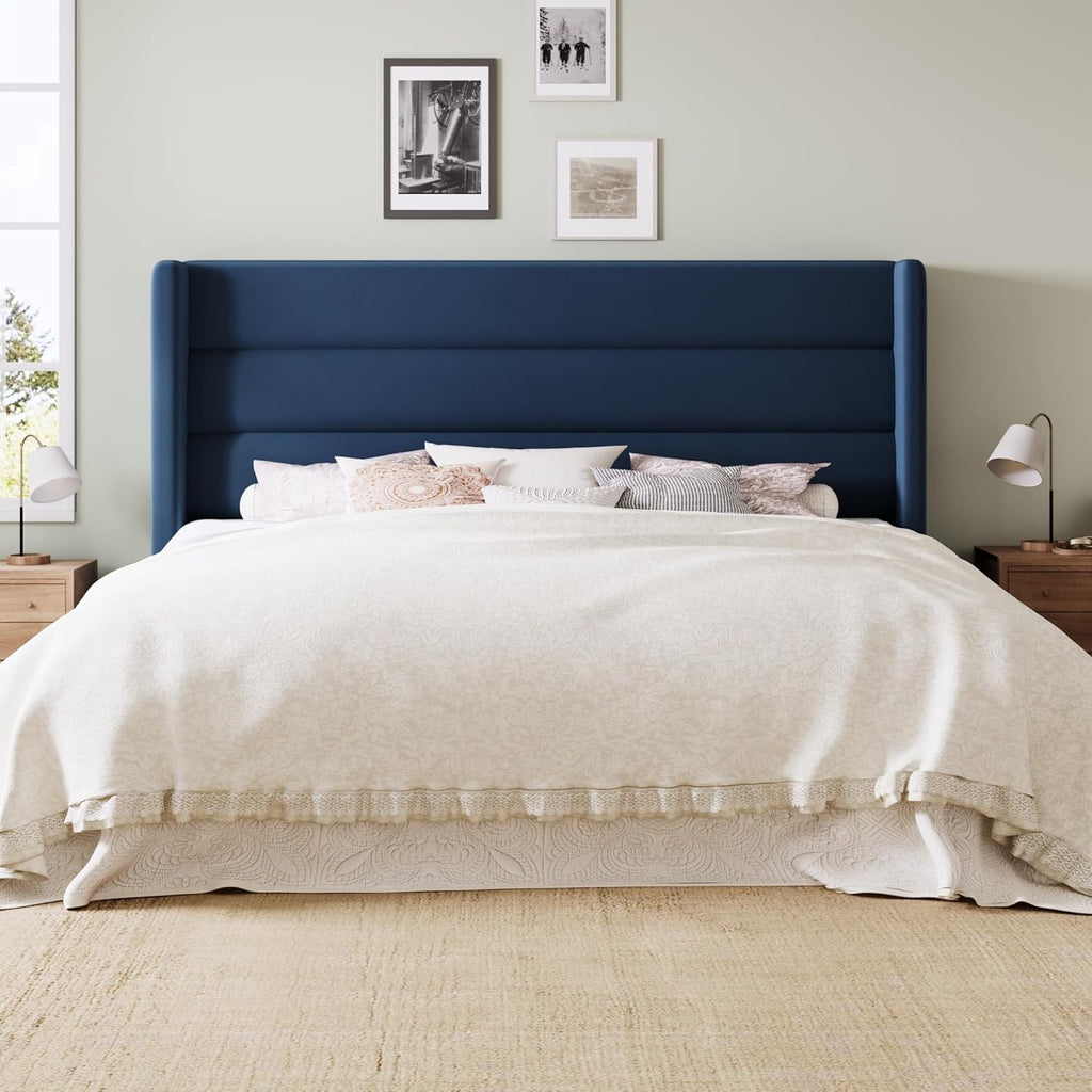 Allewie King Size Platform Bed Frame with Velvet Upholstered Wingback Headboard, No Box Spring Needed, Under Bed Storage Space, Wooden Slats, Modern Mattress Foundation, Easy Assembly, Blue