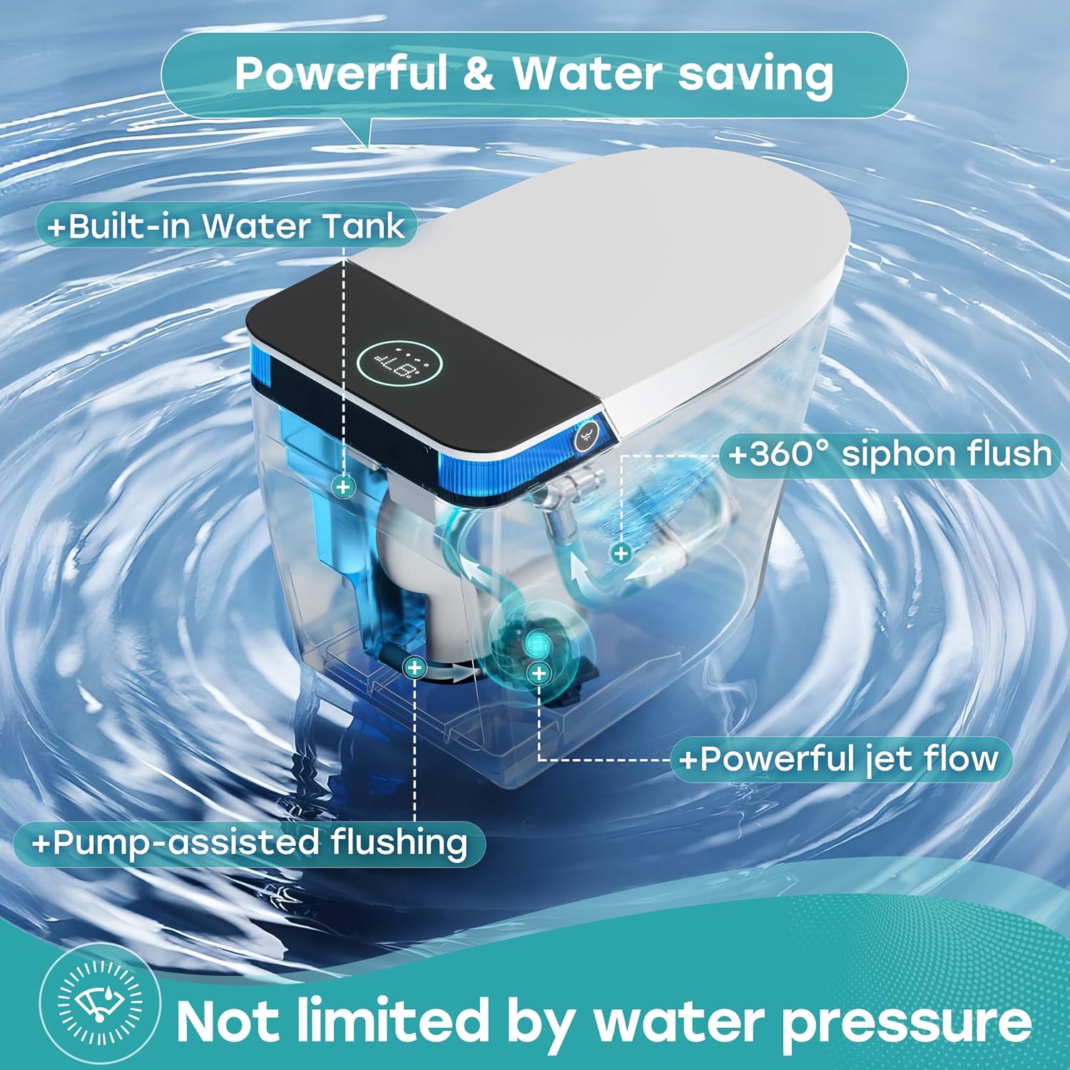 HOROW T38 Artistic Smart Toilet, Bidet Toilet with Powerful Flush, Auto Open/Close Lid, Instant Warm Water, Elongated Heated Seat, Dryer, Night Light, Deodorization