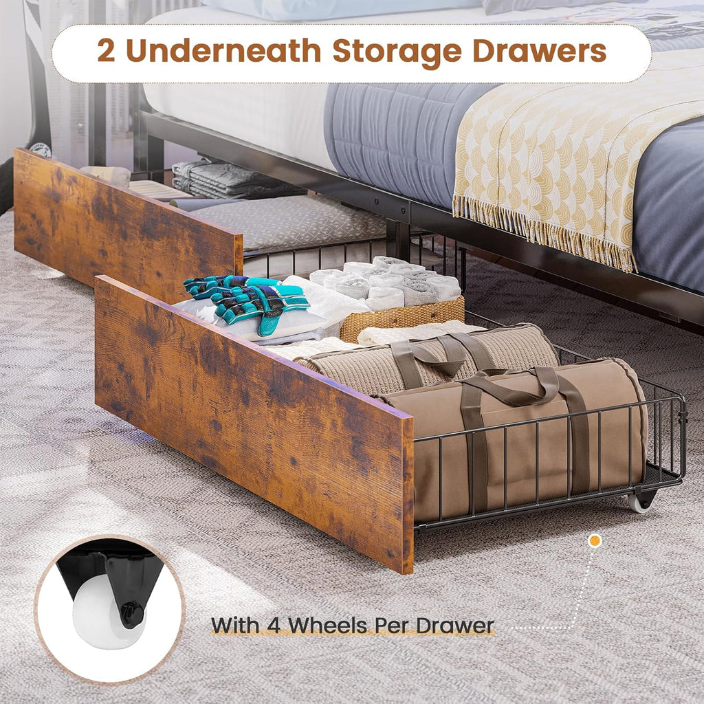 Hasuit Corner Bed Frame Twin with 2 Drawers and Storage Bookcase, Daybed with Charging Station and LED Lights, Metal Platform Bed with Bookshleves,Twin Size Bed Frame for Kids Teens Guests, Rustic