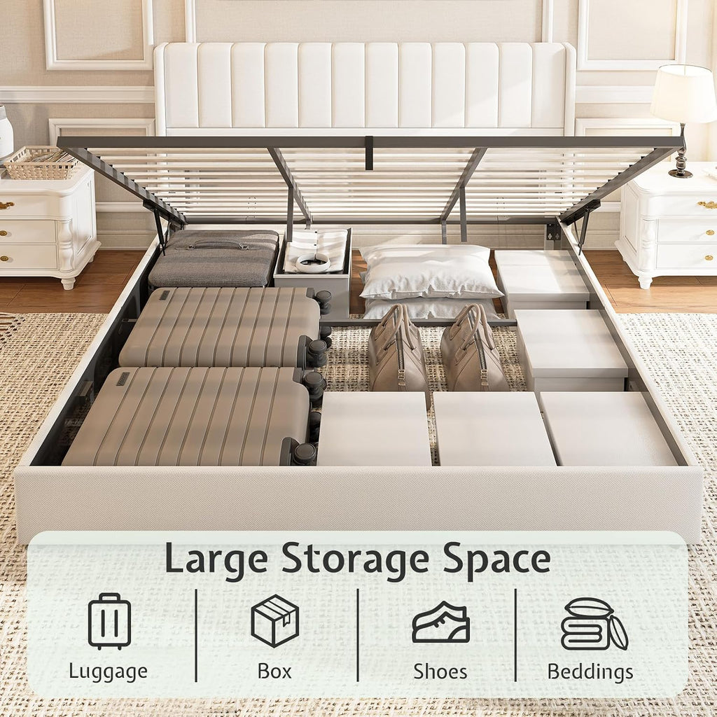 Jocisland King Size Lift Up Storage Bed Frame, Linen Upholstered Platform Bed with Vertical Channel Tufted Headboard and Wingback, Hydraulic System, No Box Spring Needed, Wood Slats Support, White