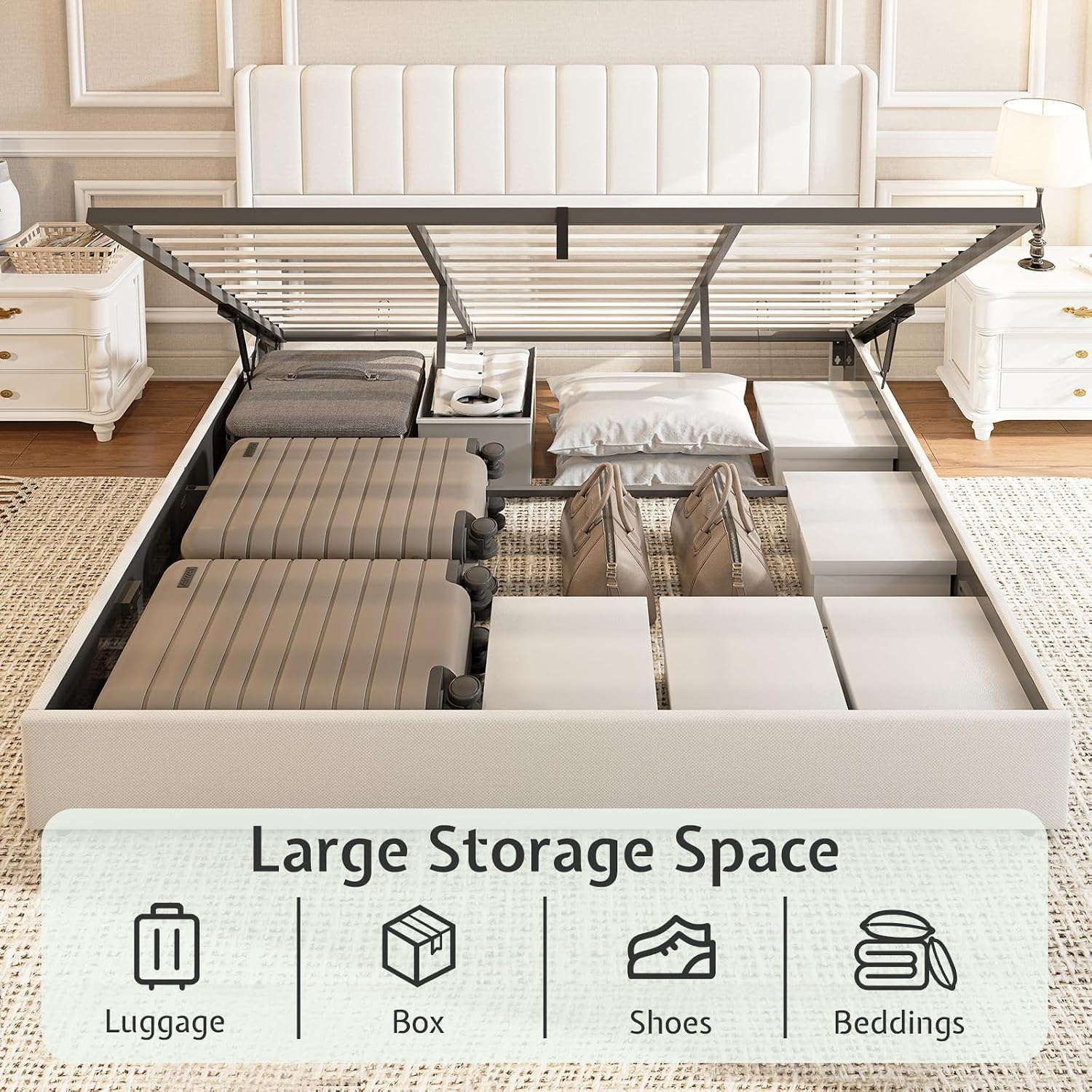 Jocisland King Size Lift Up Storage Bed Frame, Linen Upholstered Platform Bed with Vertical Channel Tufted Headboard and Wingback, Hydraulic System, No Box Spring Needed, Wood Slats Support, White