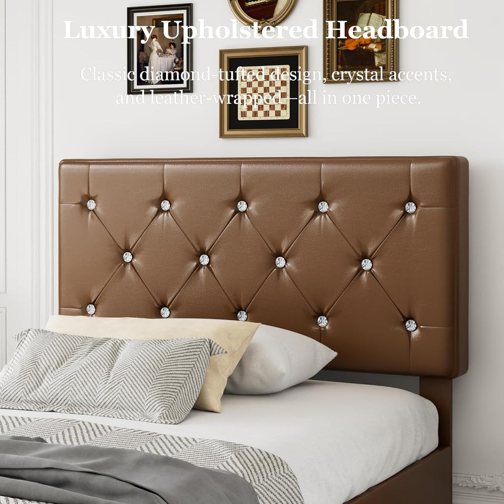 VECELO Twin Size Bed Frame with Storage Drawers, Leather Upholstered with Diamond Tufted Headboard, Solid Wood Slat Support, No Box Spring Needed, PU & Brown