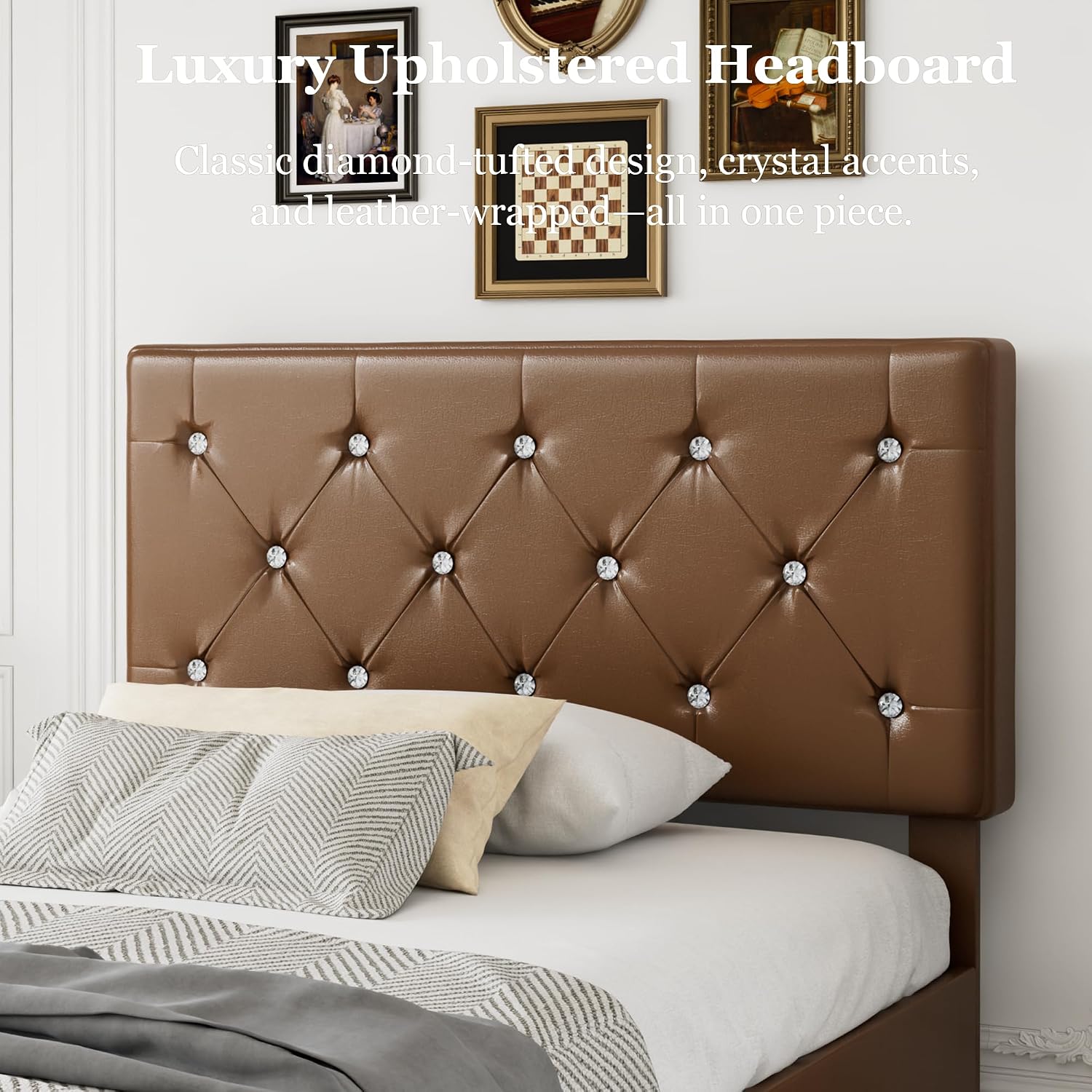 VECELO Twin Size Bed Frame with Storage Drawers, Leather Upholstered with Diamond Tufted Headboard, Solid Wood Slat Support, No Box Spring Needed, PU & Brown