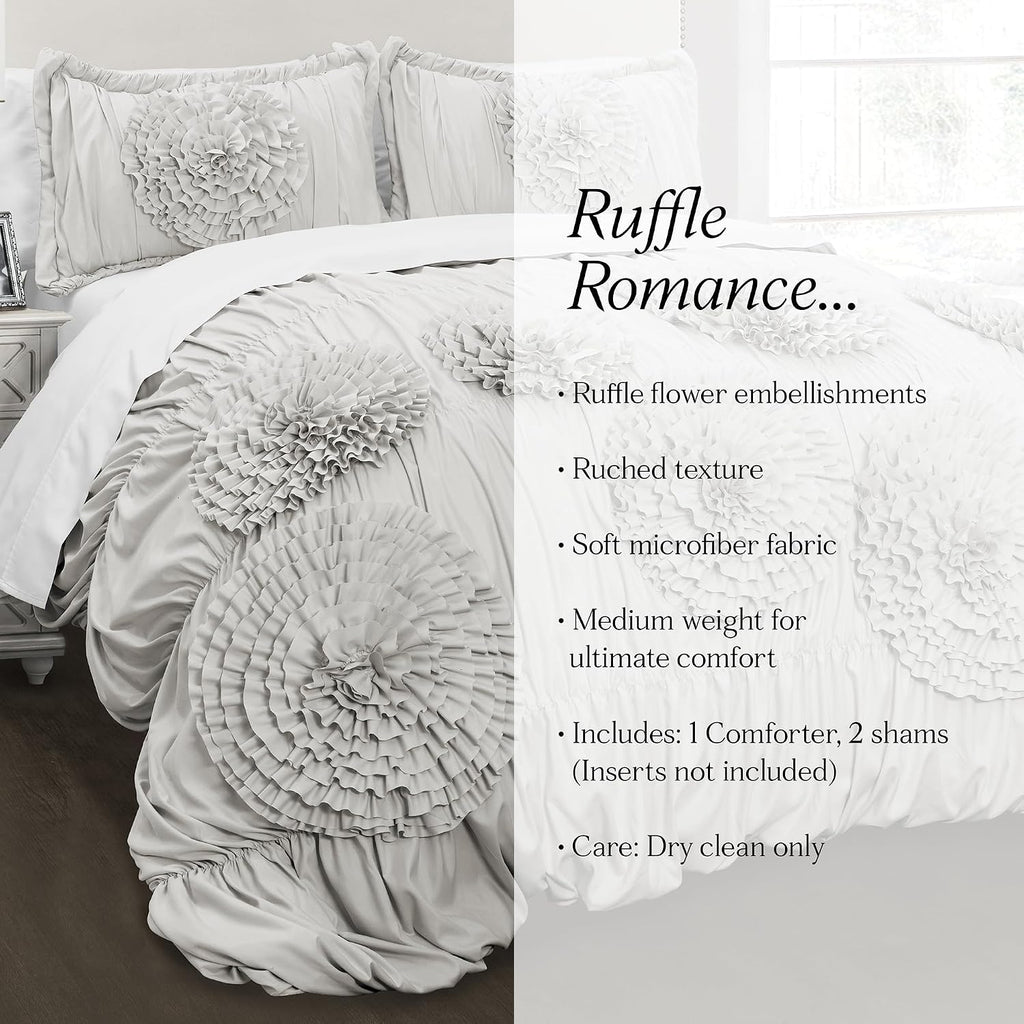 Lush Decor Serena Comforter Set, 3 Piece Set, King, Light Gray - Cute Comforter - King Bedding Set - Gray Comforter King Size - Coquette Decor