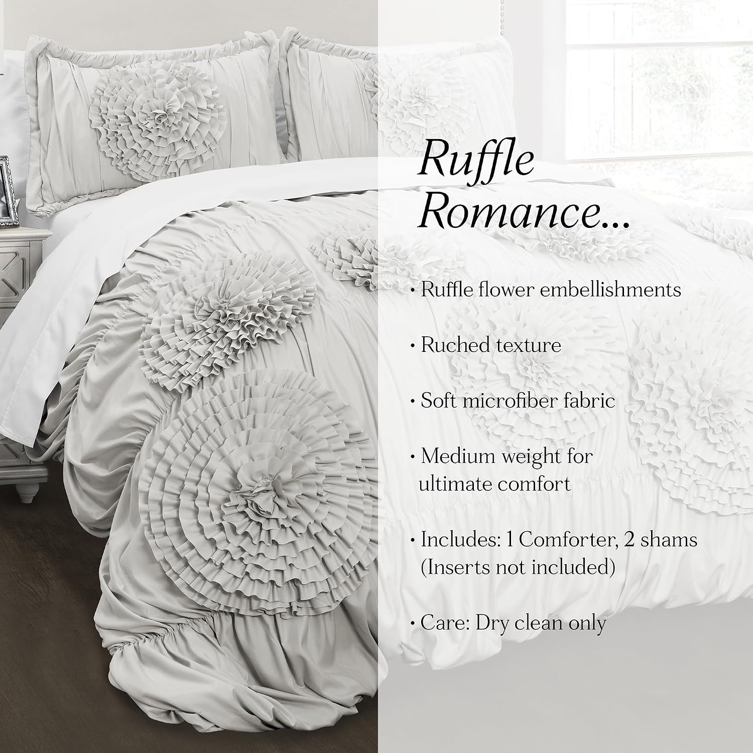 Lush Decor Serena Comforter Set, 3 Piece Set, King, Light Gray - Cute Comforter - King Bedding Set - Gray Comforter King Size - Coquette Decor