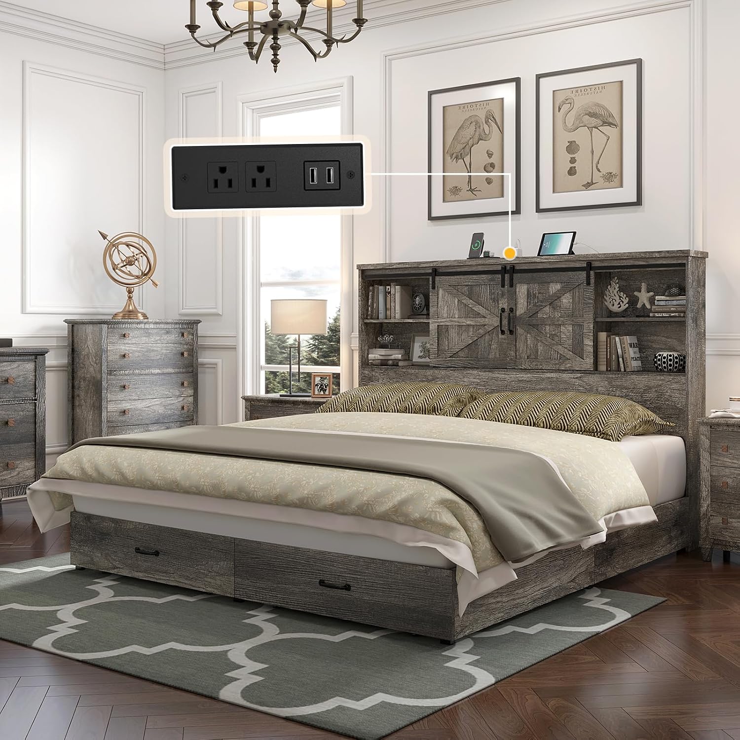 HOWE Farmhouse King Size Bed Frame with 51.2' Bookcase Headboard, Wooden Platform Bed with 2 Drawers, Sliding Barn Door Dec, Storage Bed with Charging Station, No Box Spring Needed, Rustic Grey