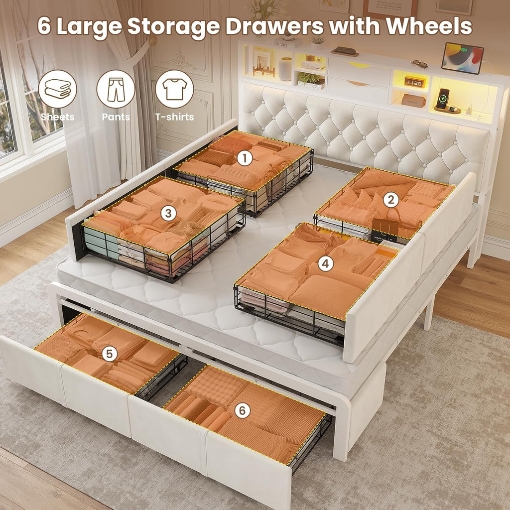 BTHFST Queen Size Bed Frame with 6 Storage Drawers and Headboard, Velvet Upholstered Queen Platform Bed with LED Lights & Charging Station, No Noise, No Box Spring Needed, Easy Assembly, Beige