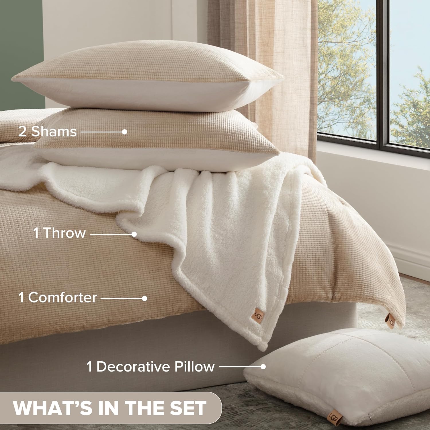 UGG Remina Comforter Set 5 Piece Bed in a Bag with Throw Blanket, Decorative Pillow, Shams, and Reversible Comforter Hypoallergenic Washable Luxury Warm Fluffy Bedding Set, Full/Queen, Brown Birch