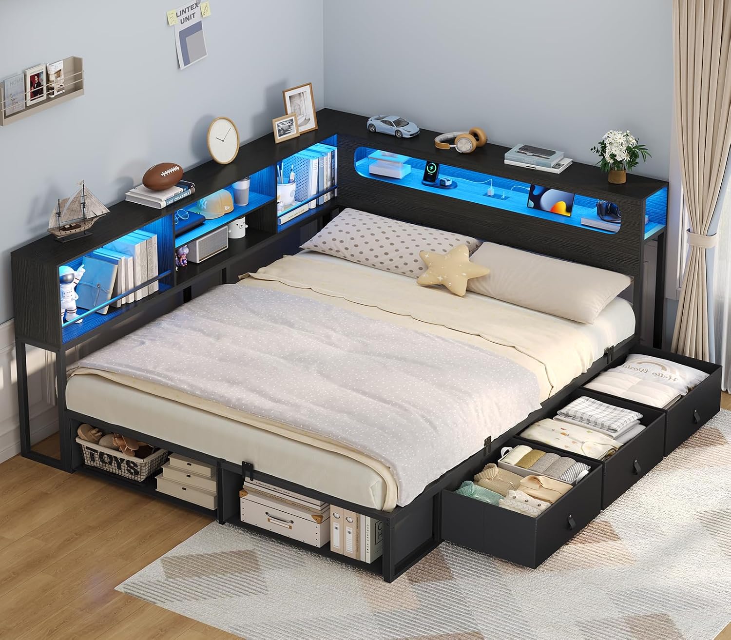 ADORNEVE Corner Bed Frame Full Size with Storage Bookcase & RGB Lights, Power Outlet, Metal Daybed with 3 Drawers & 2 Open Cubbies, for Teens, Small Space, Black