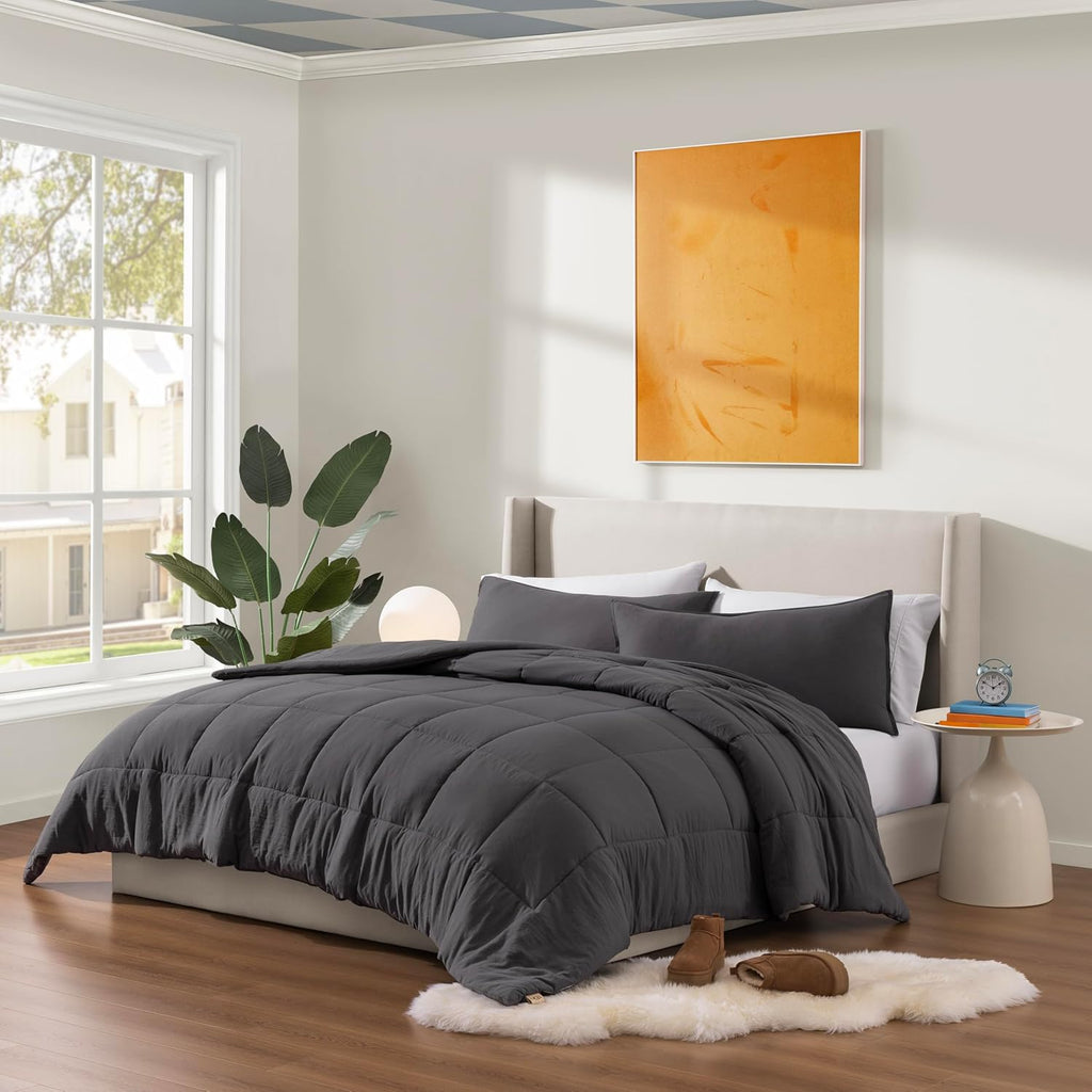 UGG Leonora Comforter Set with 2 Pillow Shams Lightweight Down Alternative Blanket Reversible Cozy Warm All Season Washable and Hypoallergenic Bedding Set, King, Charcoal Grey
