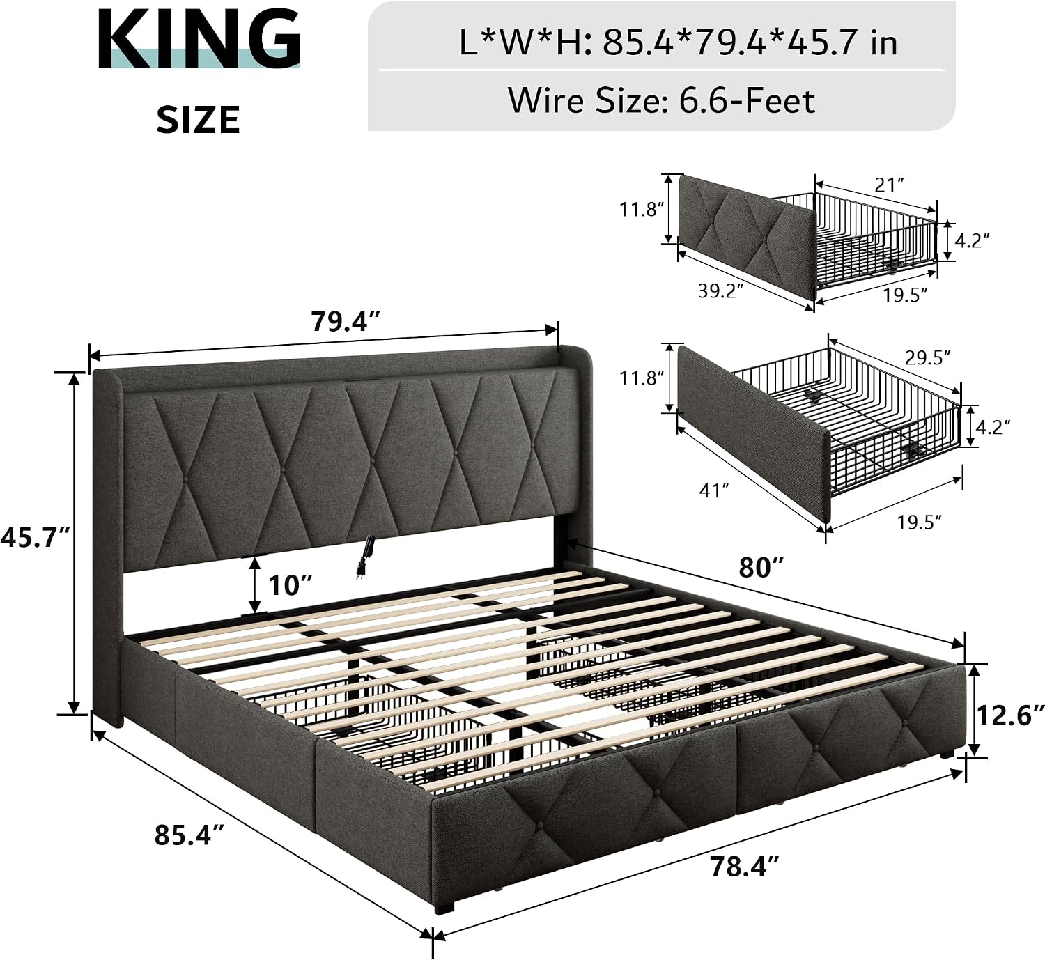 iPormis King Size Bed Frame with 4 Storage Drawers, Upholstered Platform Bed Frame with Charging Station, Modern Wingback Storage Headboard, Easy Assembly, Dark Grey