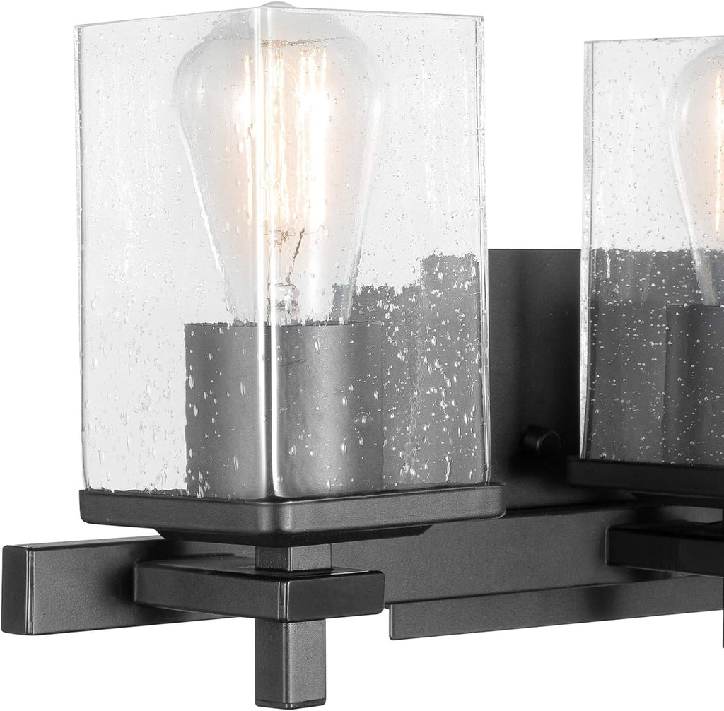 Globe Electric 51634 Dakota 5-Piece All-in-One Bathroom Set 3 Vanity Light with Seeded Glass Shades, Bar, Toilet Paper Holder, Towel Ring, Robe Hook, Matte Black