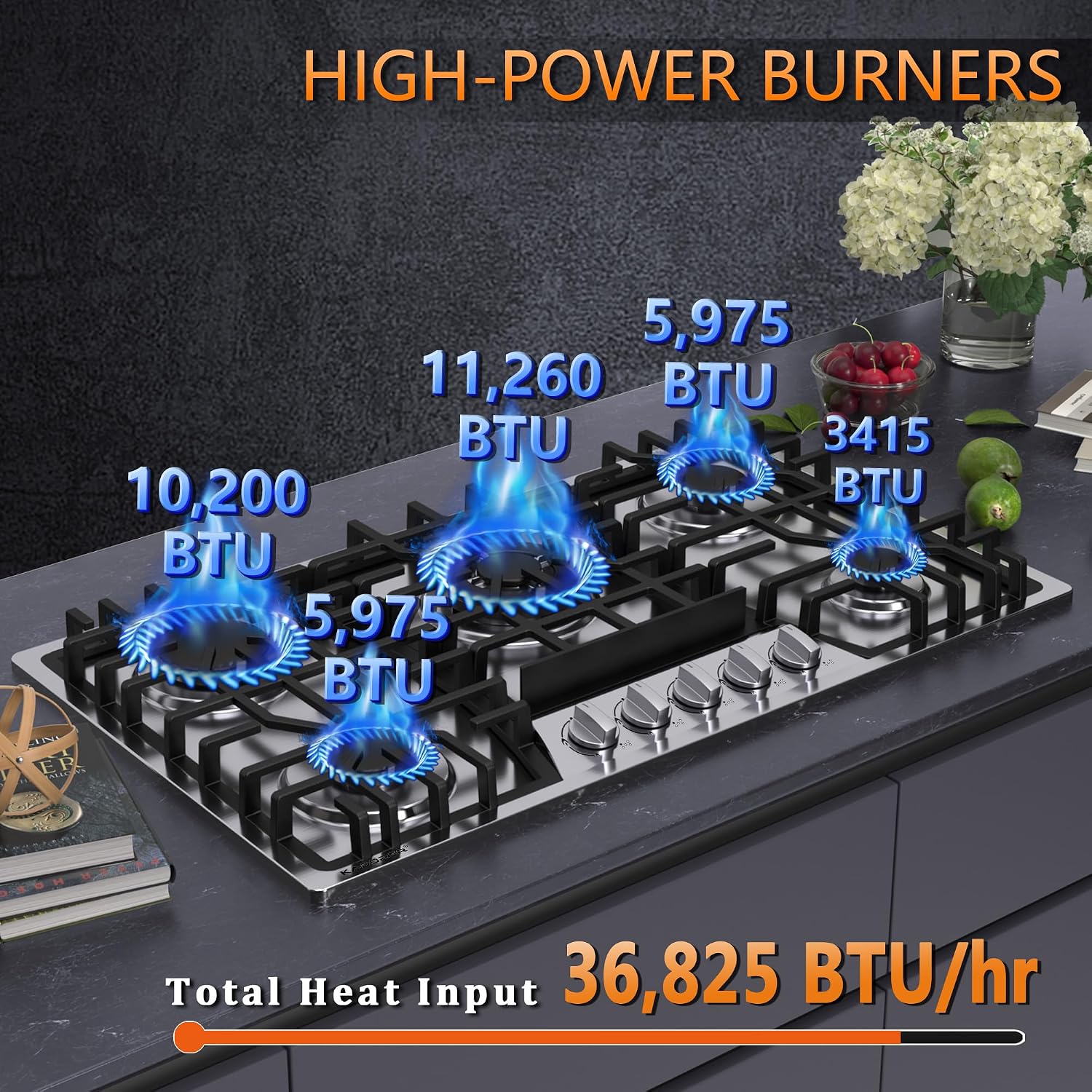 36 inch Gas Cooktop with Griddle, Bulit-in Gas Stove Top with 5 Burner, NG/LPG Convertible Cooktops, 5 Burner Propane Cooktop with Thermocouple Protection, Stainless Steel